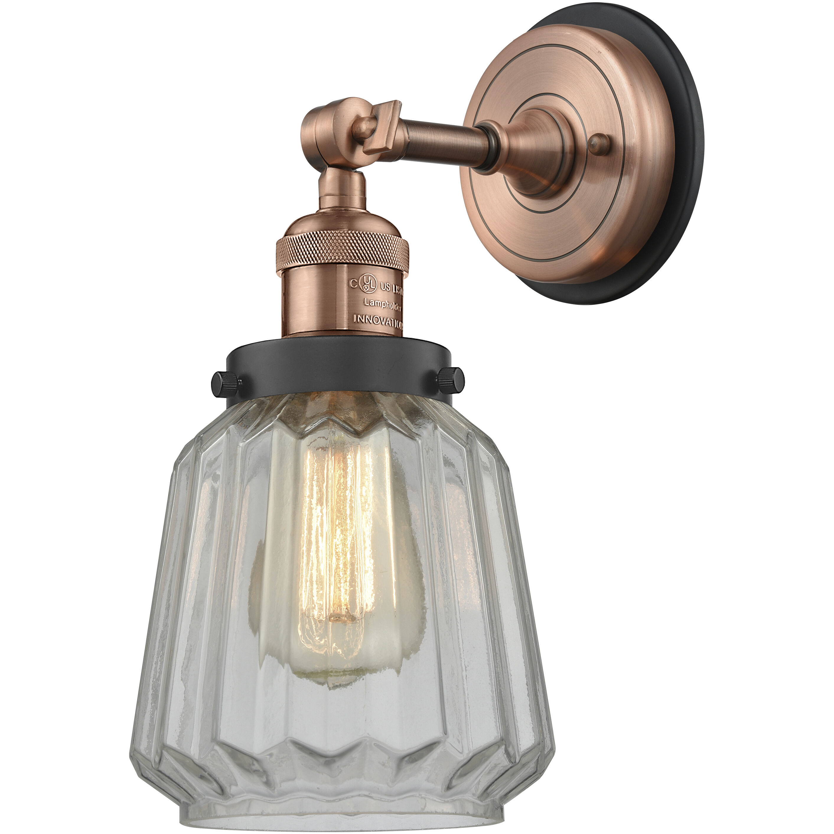 Chatham Sconce Wall Light in Clear Glass, Antique Copper/Matte Black