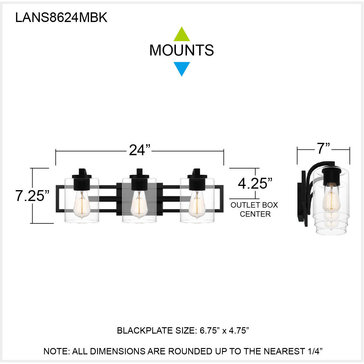 Lansdowne 3 Light 24 inch Matte Black Bath Light Wall Light