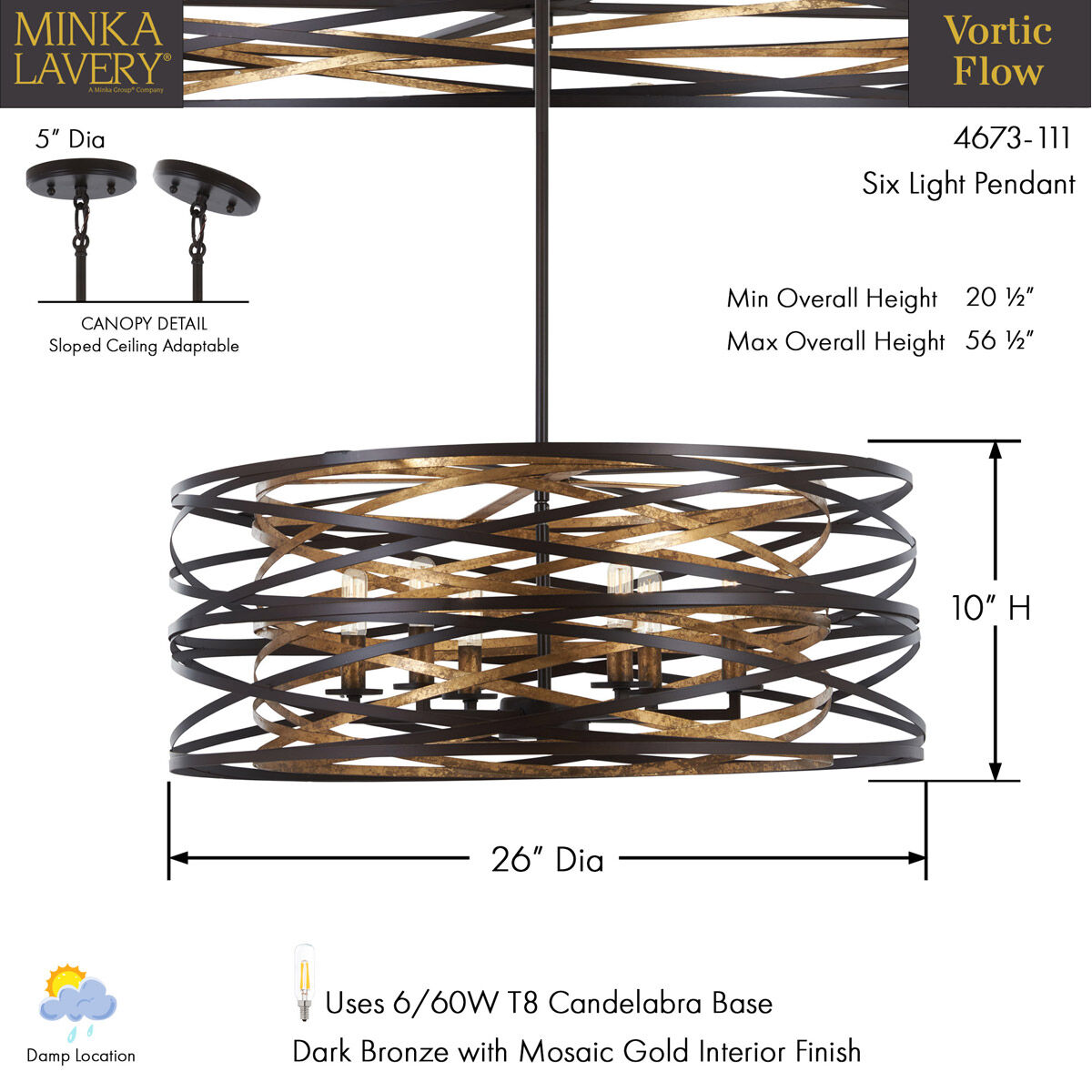 Vortic Flow 6 Light 26 inch Dark Bronze/Mosaic Gold Pendant Ceiling Light