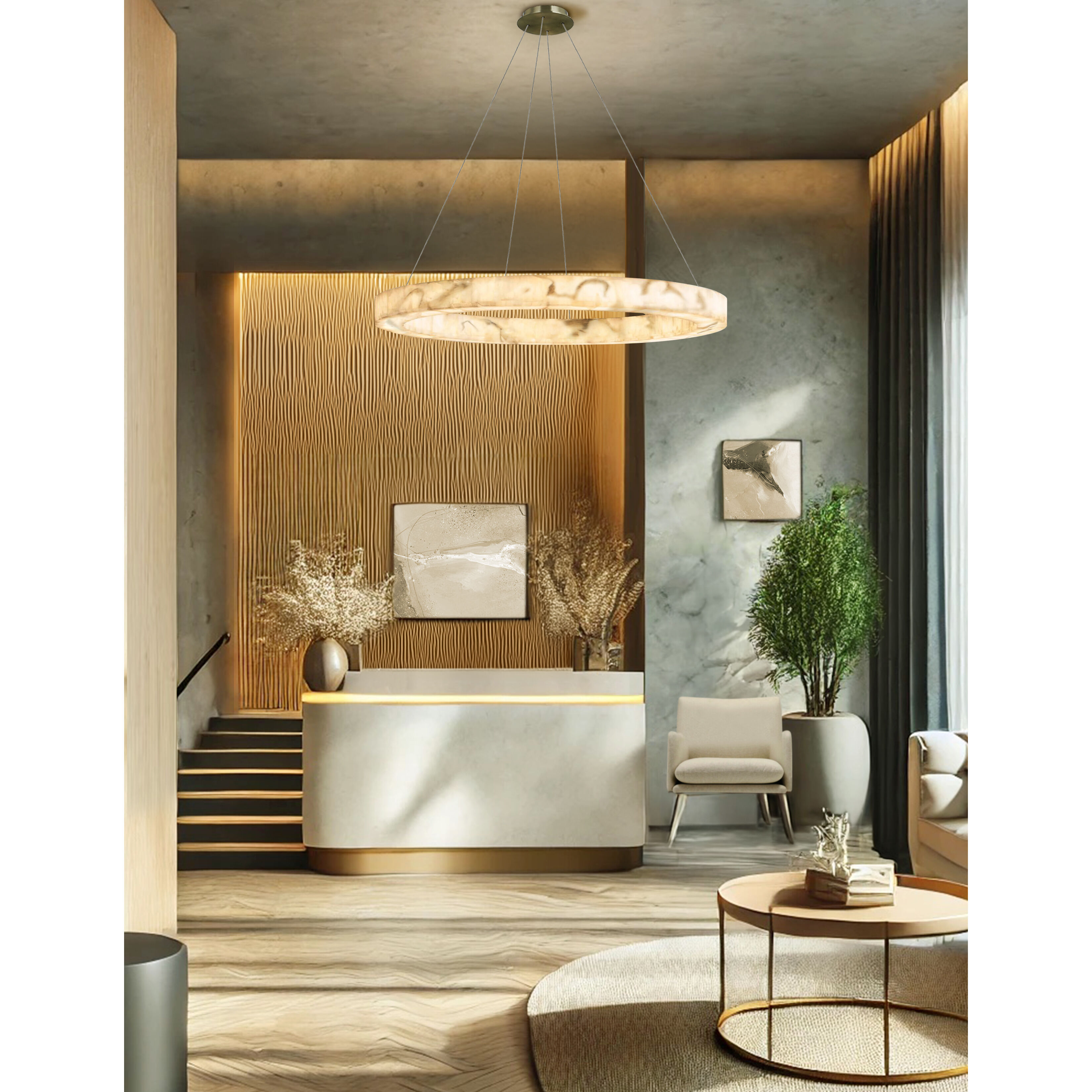 LumenAria Collection - Medley Family LED 42 inch Brushed Brass Pendant Ceiling Light in 42" D x 42" W x 3.5" H, EVOLV