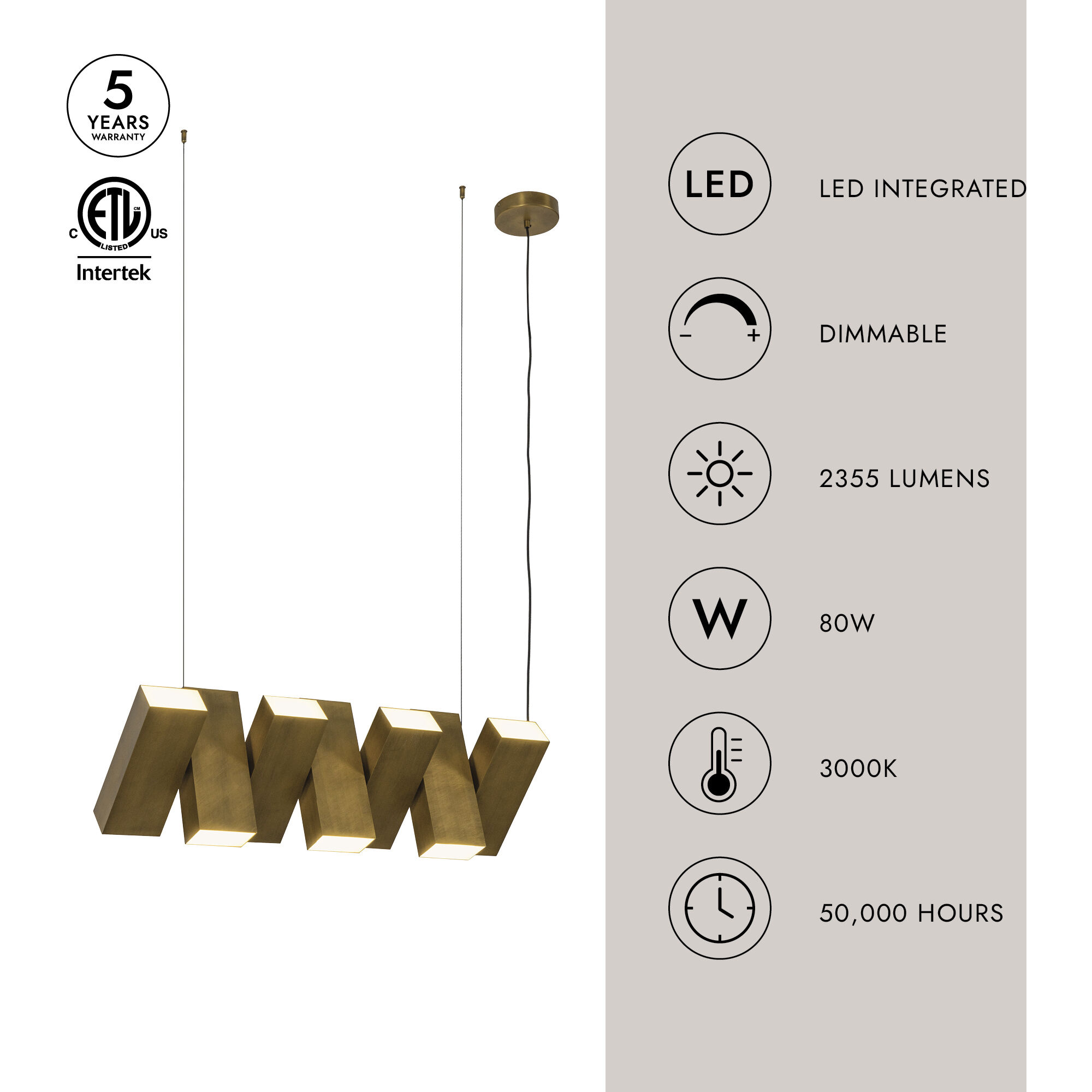 Domino Linear Pendant Ceiling Light in Vintage Brass