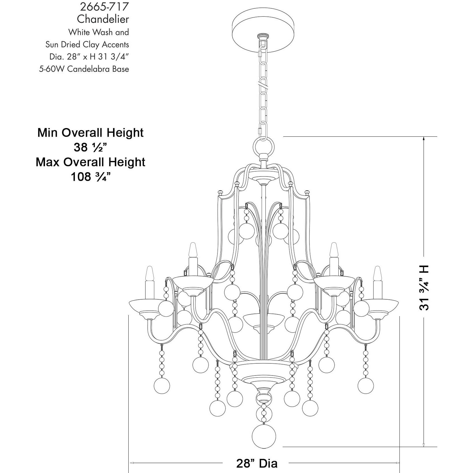 Colonial Charm 5 Light 28 inch White Wash and Sun Dried Clay Chandelier Ceiling Light