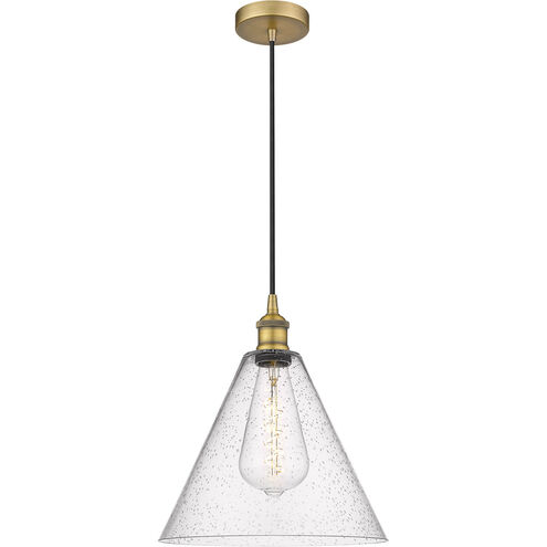 Edison Cone LED 12 inch Brushed Brass Mini Pendant Ceiling Light in Seedy Glass
