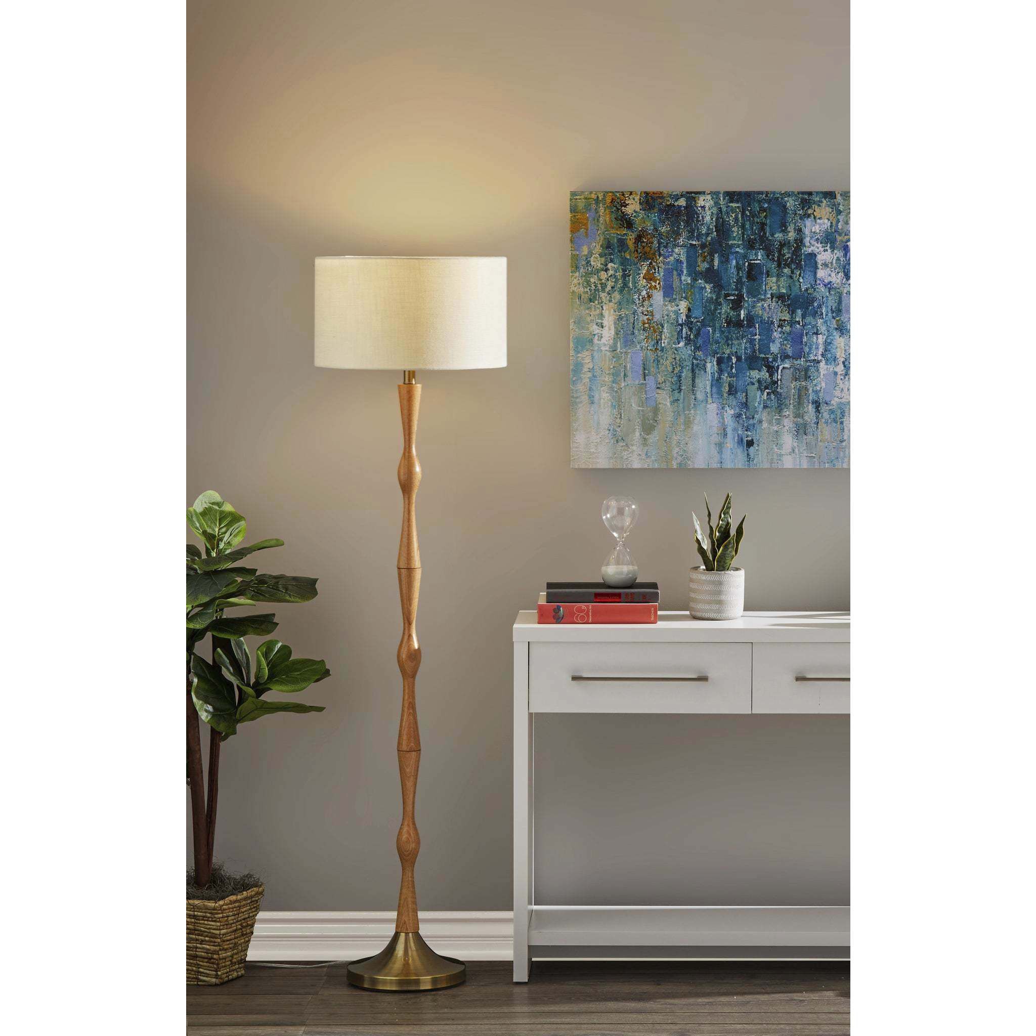 Eve 61 inch 100.00 watt Natural Oak Wood with Antique Brass Accent Floor Lamp Portable Light