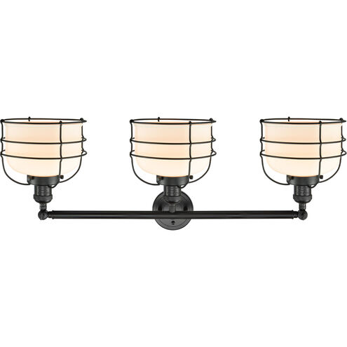 Franklin Restoration Large Bell Cage LED 34 inch Matte Black Bath Vanity Light Wall Light in Matte White Glass, Franklin Restoration