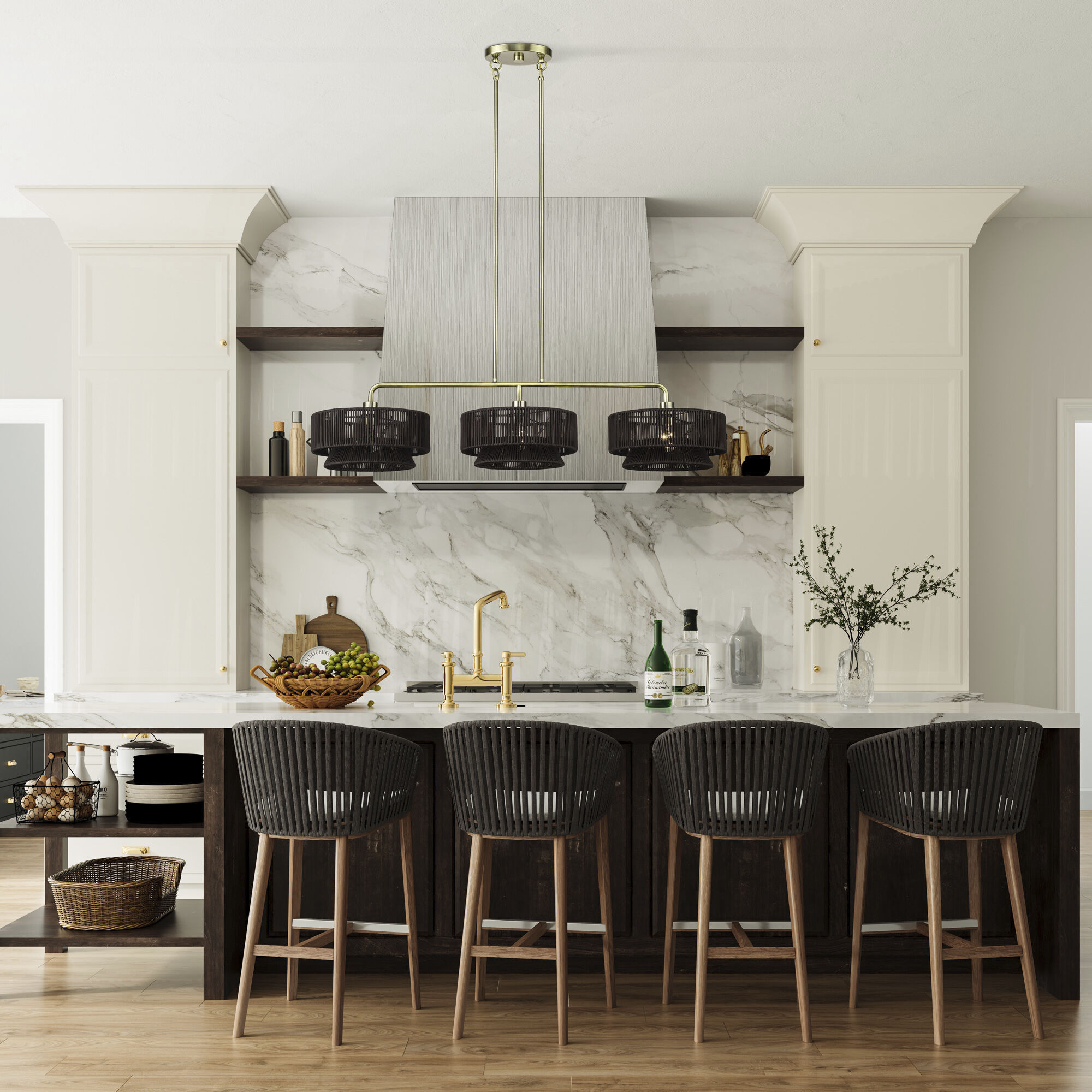 Florell 3 Light 47 inch Antique Brass Linear Chandelier Ceiling Light, Extra Large