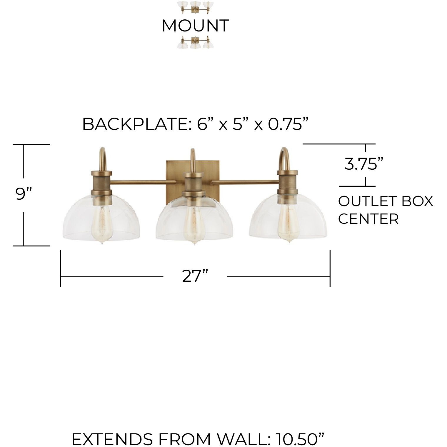 Cassidy 3 Light 27 inch Aged Brass Vanity Light Wall Light
