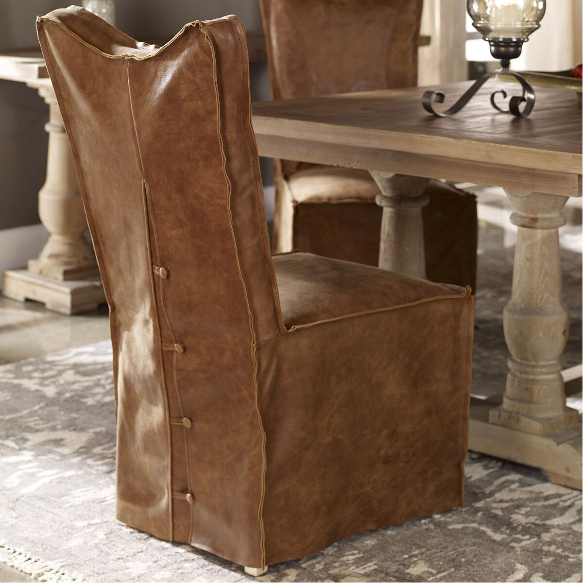 Delroy Distressed Hand-Sanded Cognac Nubuck Leather Armless Chairs, Set of 2