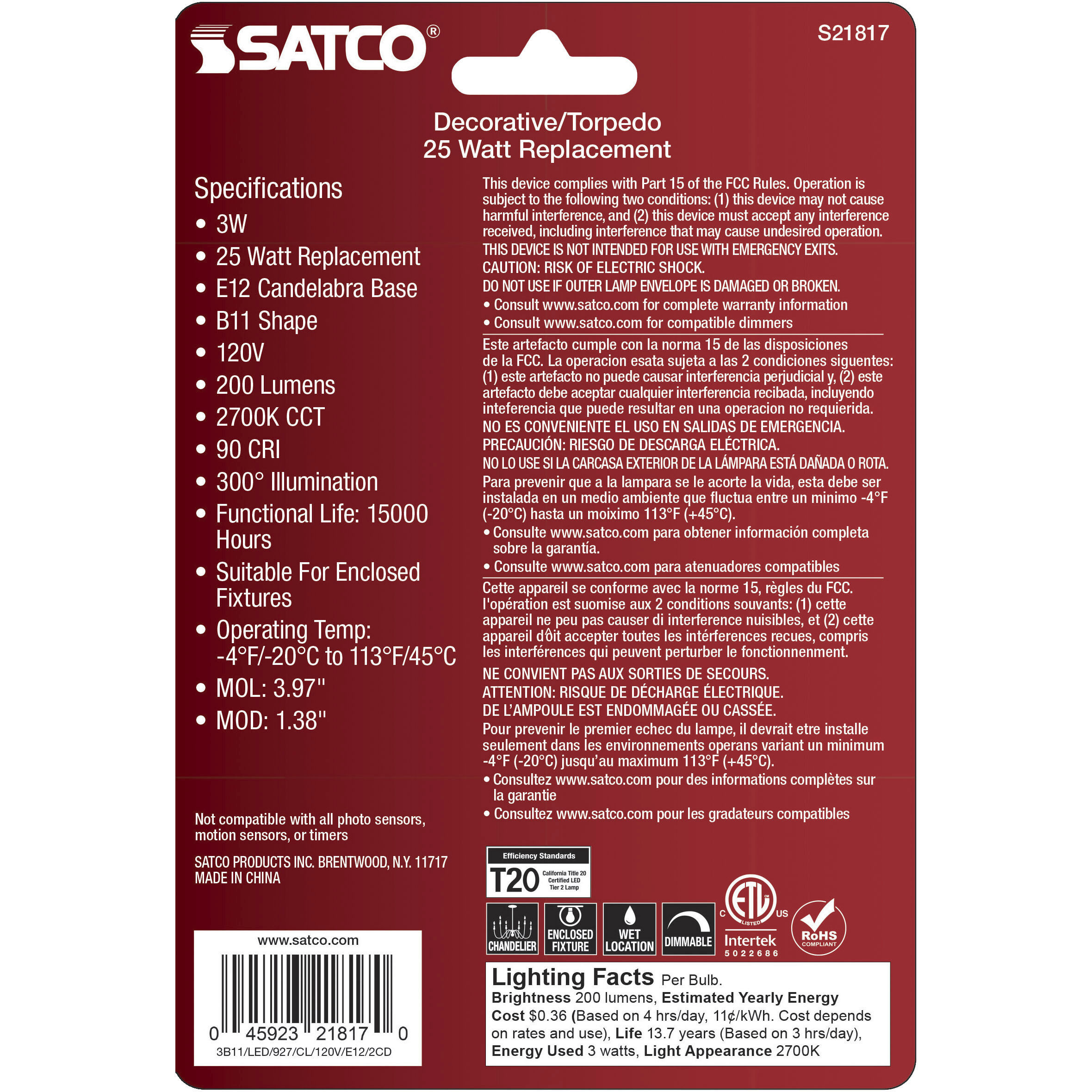 Lumos LED Candelabra 3 watt 120 2700K LED Filament, LED Filament