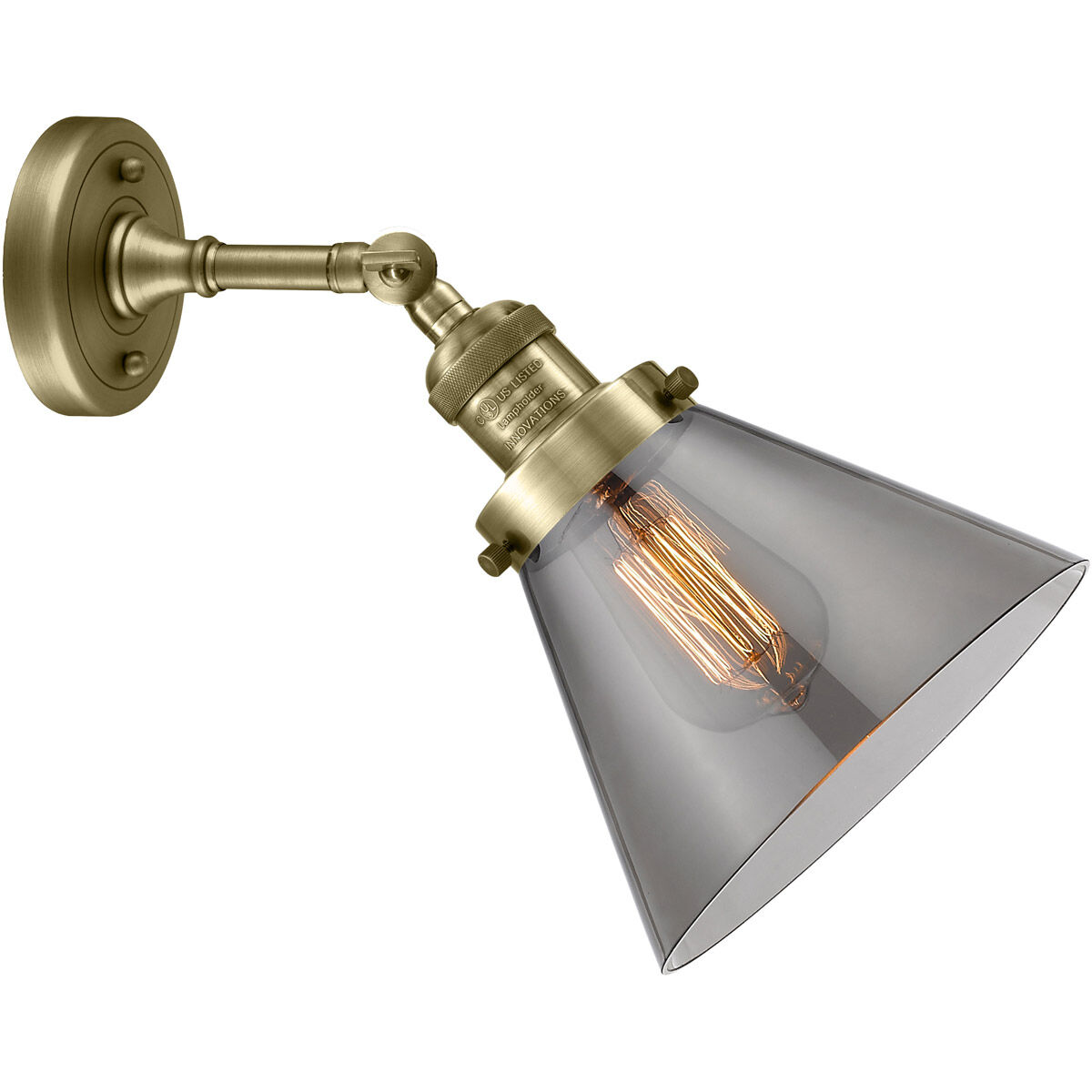 Franklin Restoration Large Cone 1 Light 8 inch Antique Brass Sconce Wall Light in Incandescent, Plated Smoke Glass, Franklin Restoration