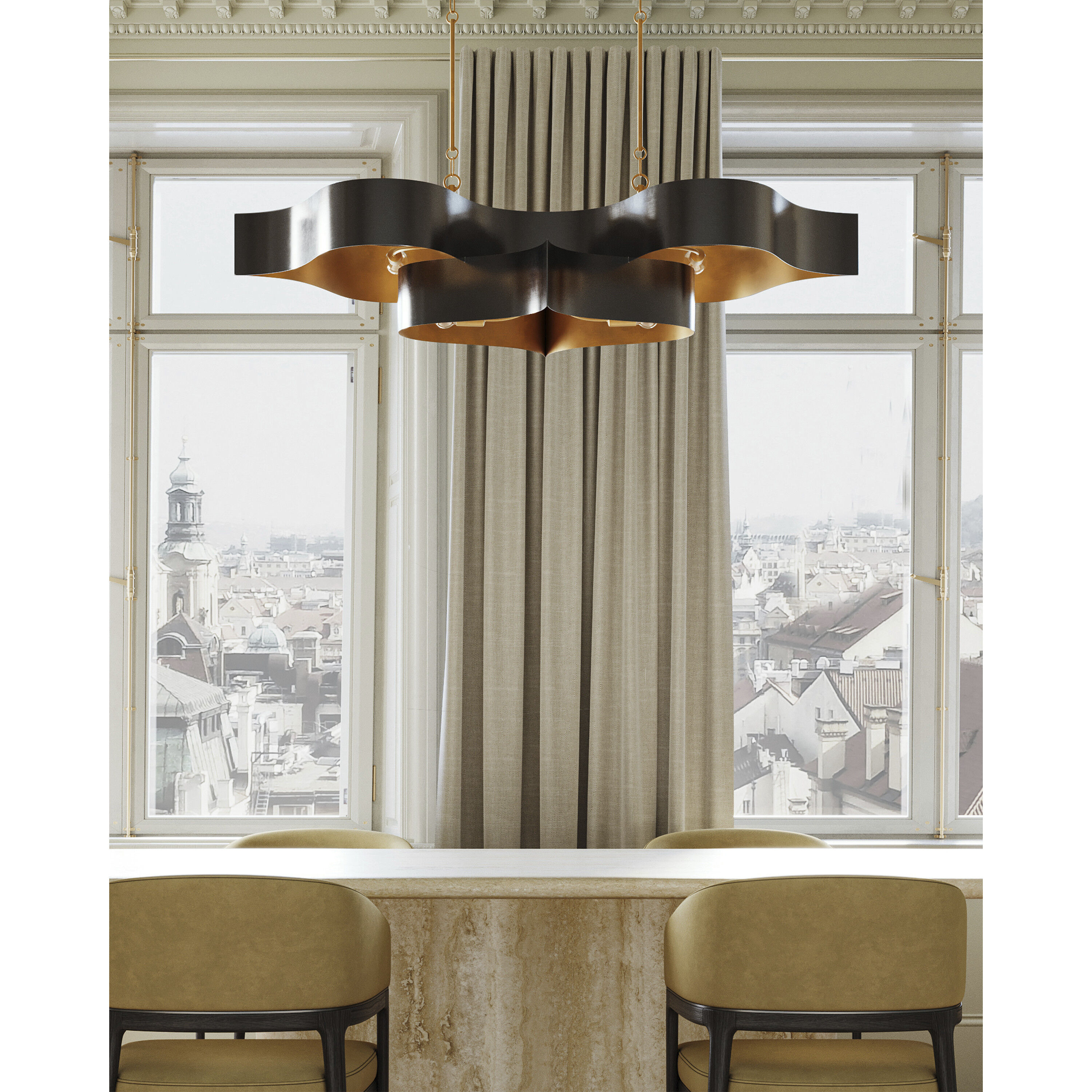 Grand Lotus 6 Light 50.5 inch Satin Black/Contemporary Gold Leaf Chandelier Ceiling Light