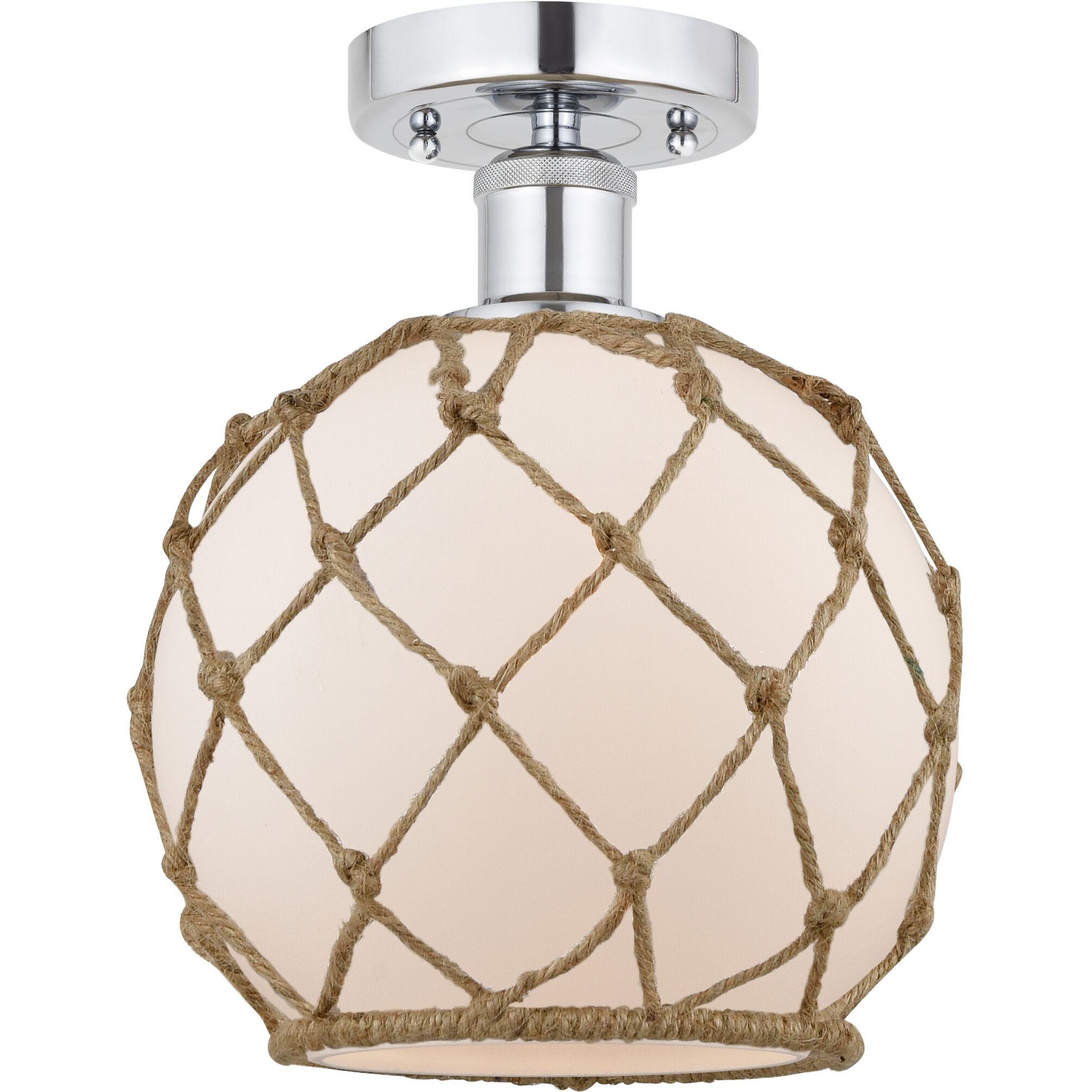 Edison Farmhouse Rope 1 Light 8 inch Polished Chrome Semi-Flush Mount Ceiling Light in White Glass with Brown Rope