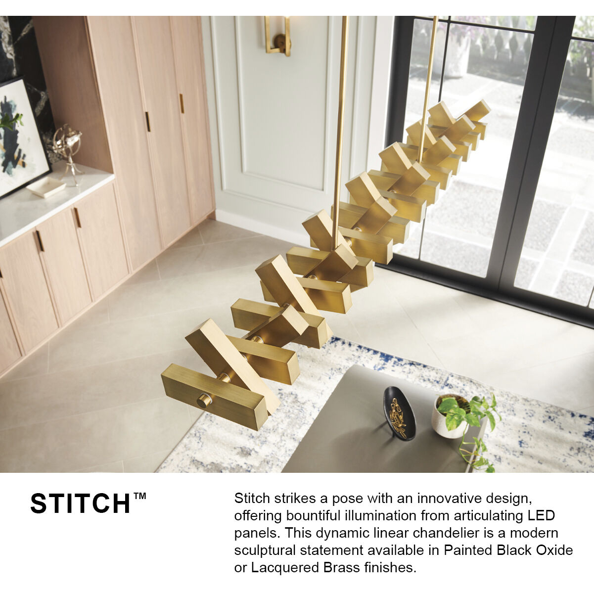 Stitch LED 42 inch Lacquered Brass Chandelier Ceiling Light, Linear & Oval