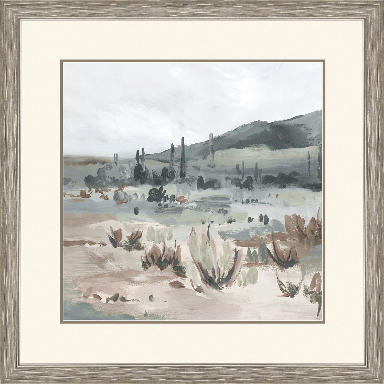 Blue Cactus Field Gray and Beige and Blue and Green Framed Art