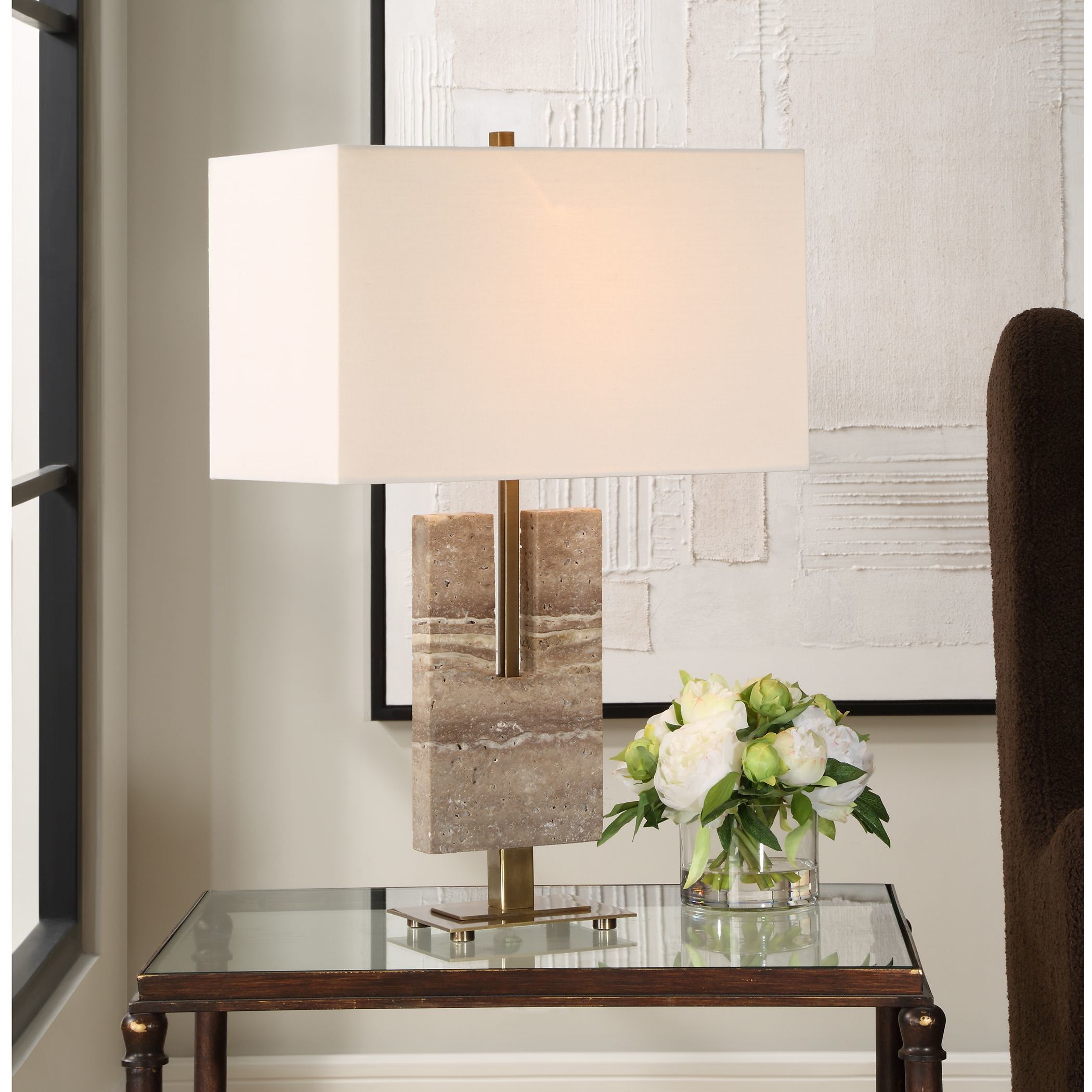 Turning Point 26 inch 150.00 watt Travertine and Brushed Antique Brass Table Lamp Portable Light