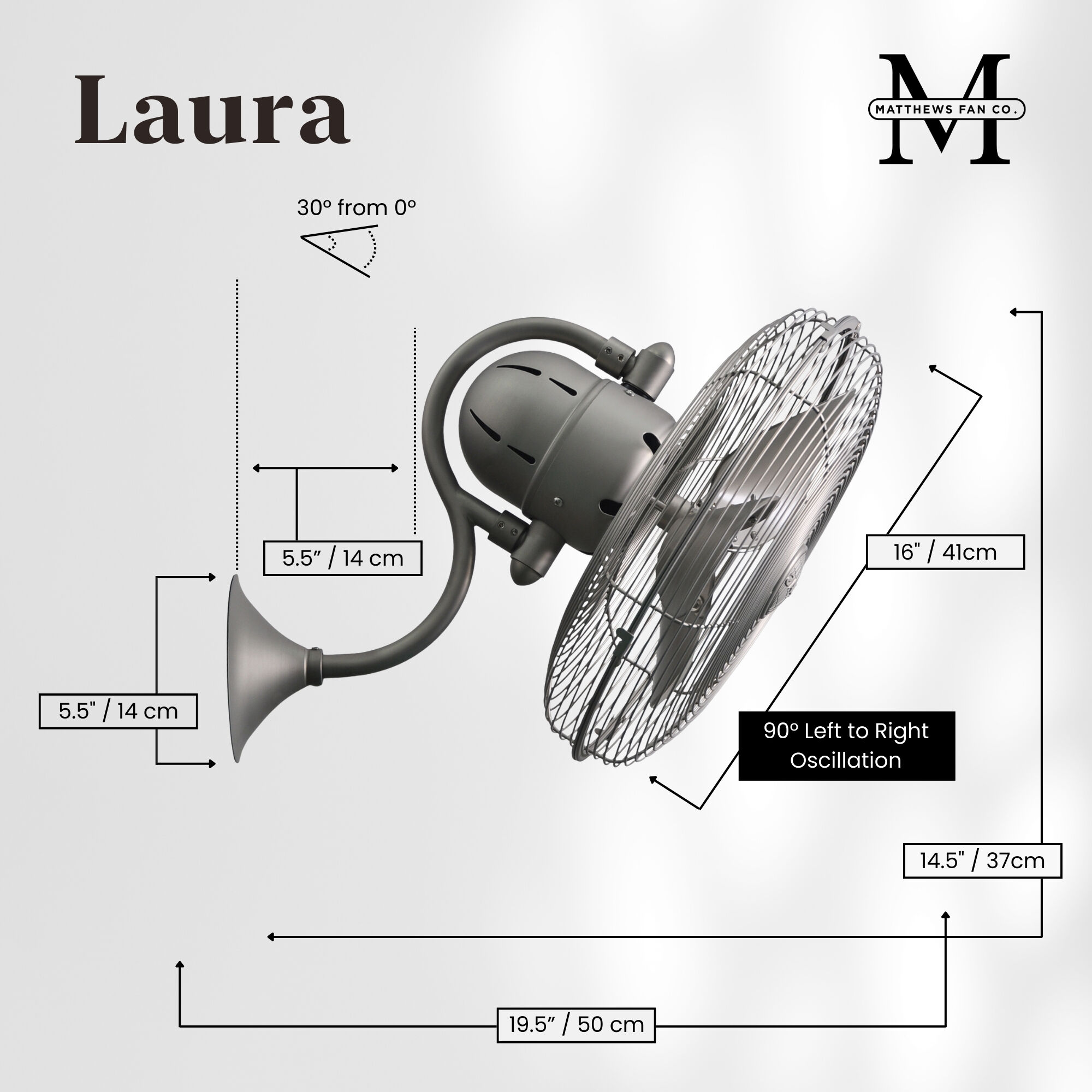 Atlas Laura 19.5 inch Brushed Nickel Oscillating Wall Fan, Atlas