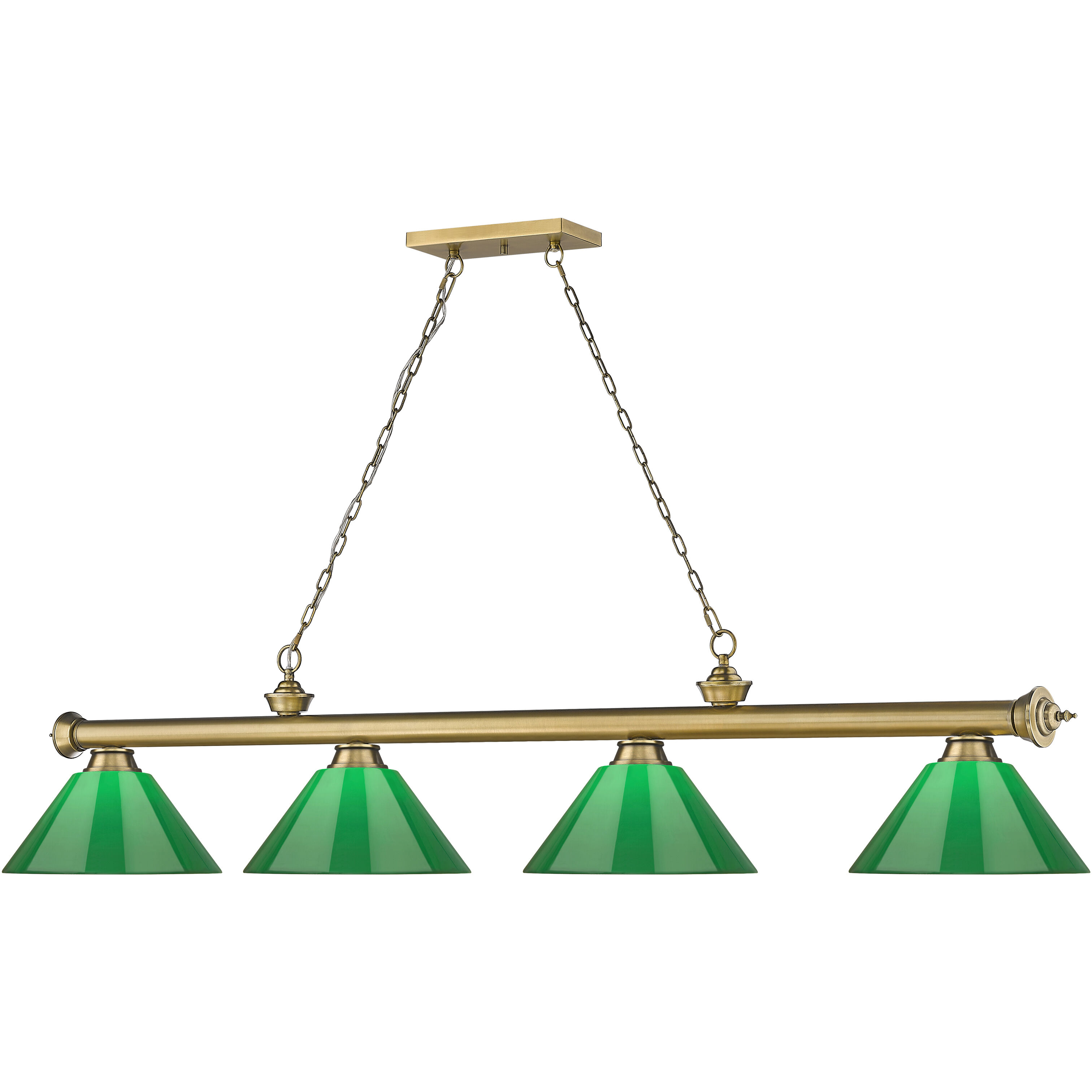 Cordon 4 Light 81.25 inch Rubbed Brass Billiard Ceiling Light in Green Plastic