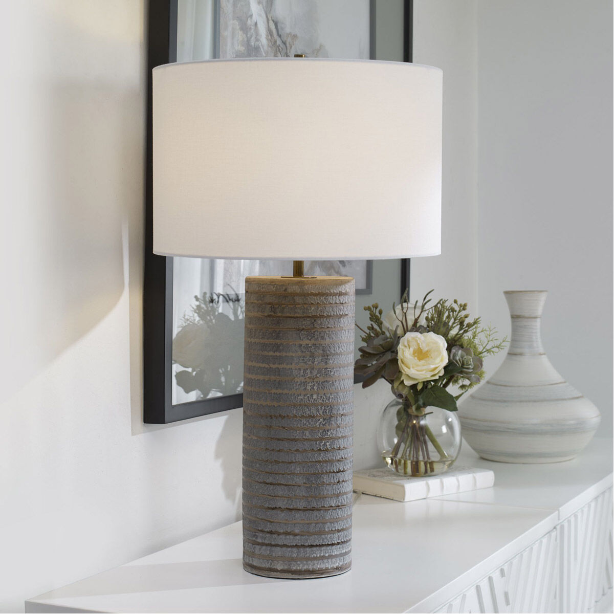 Monolith 29 inch 150.00 watt Frosted Pewter Gray and Antique Brass Table Lamp Portable Light