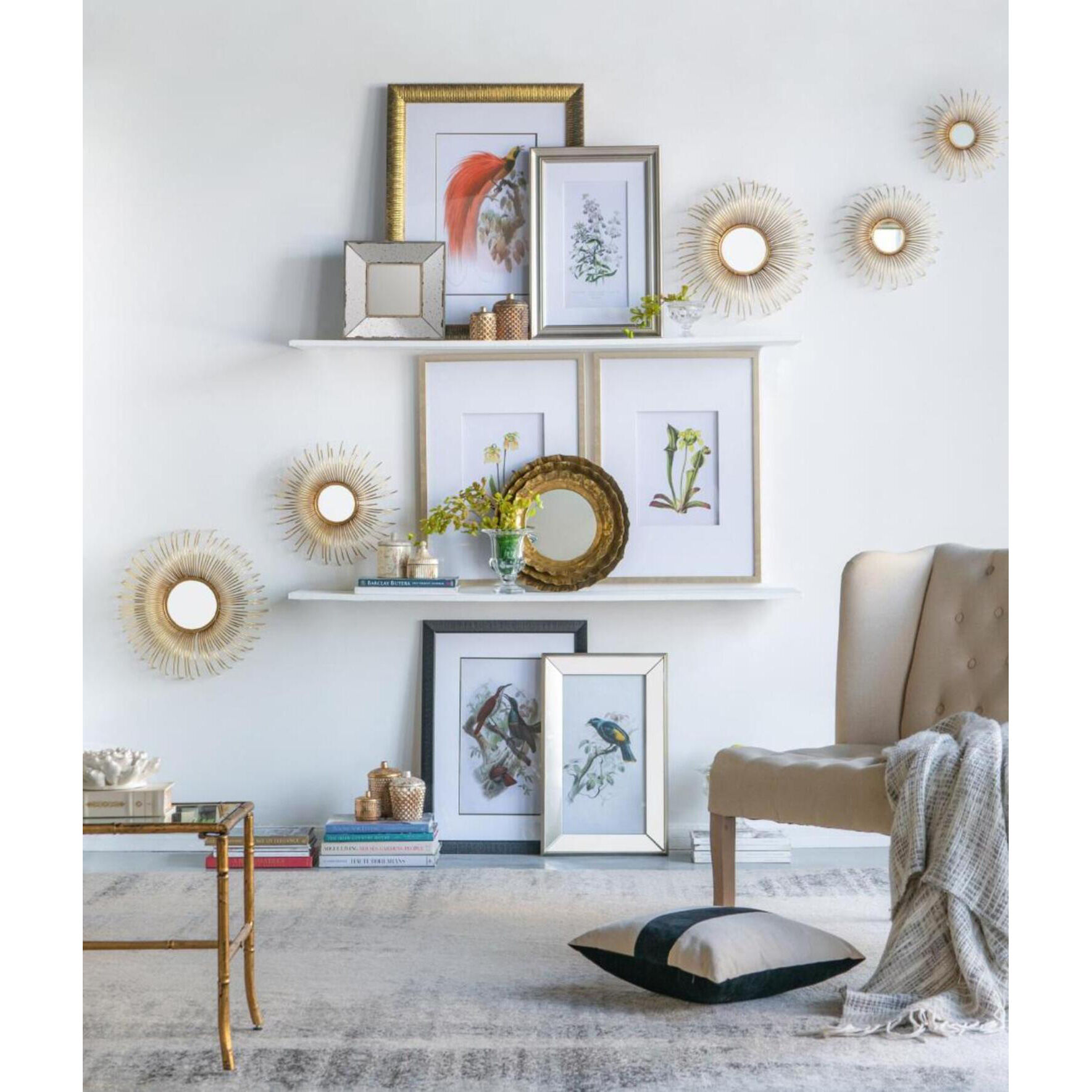 Bird Mirror Frame Print Multi Color Wall Art, Set of 2