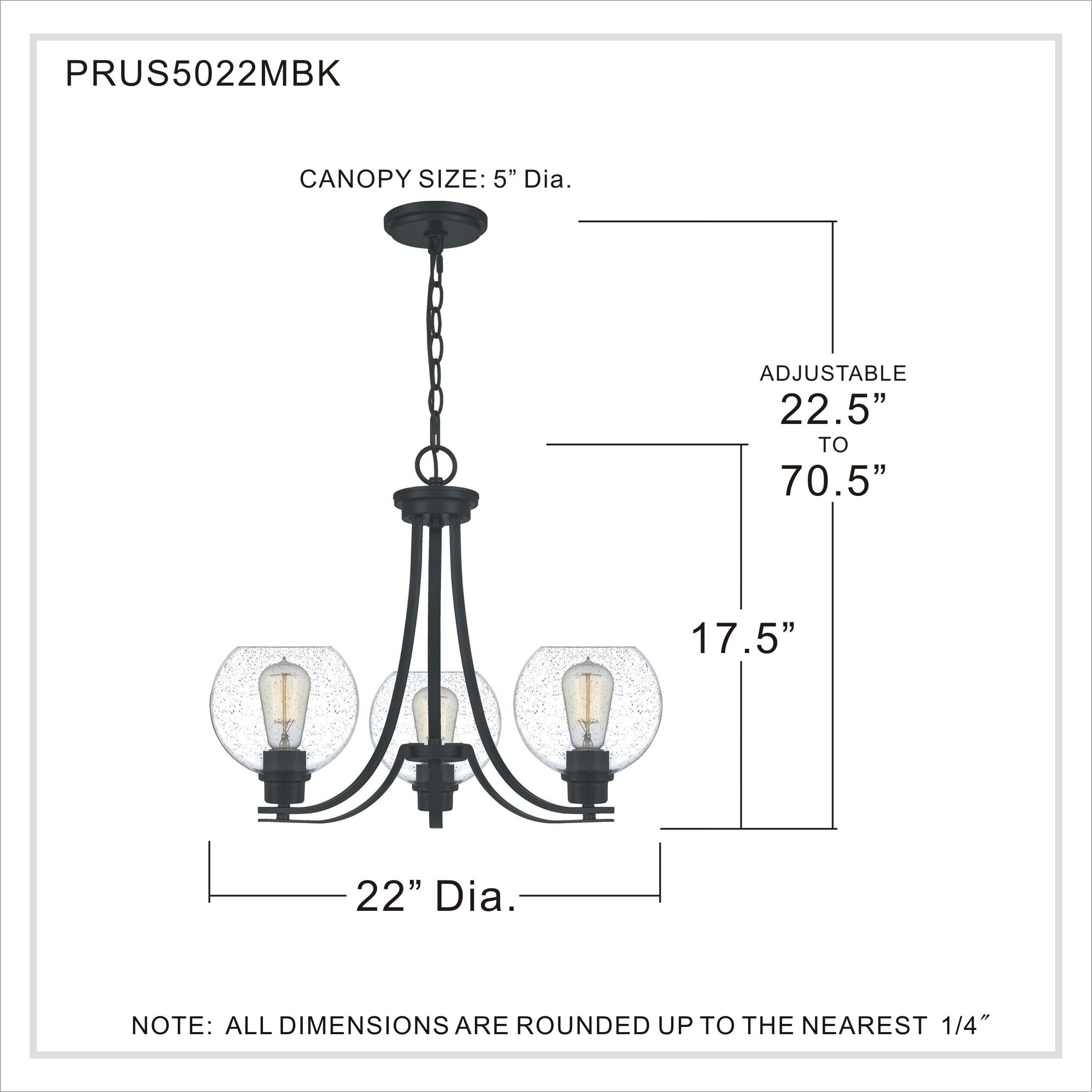 Pruitt 3 Light 22 inch Matte Black Chandelier Ceiling Light in Clear Seedy Glass