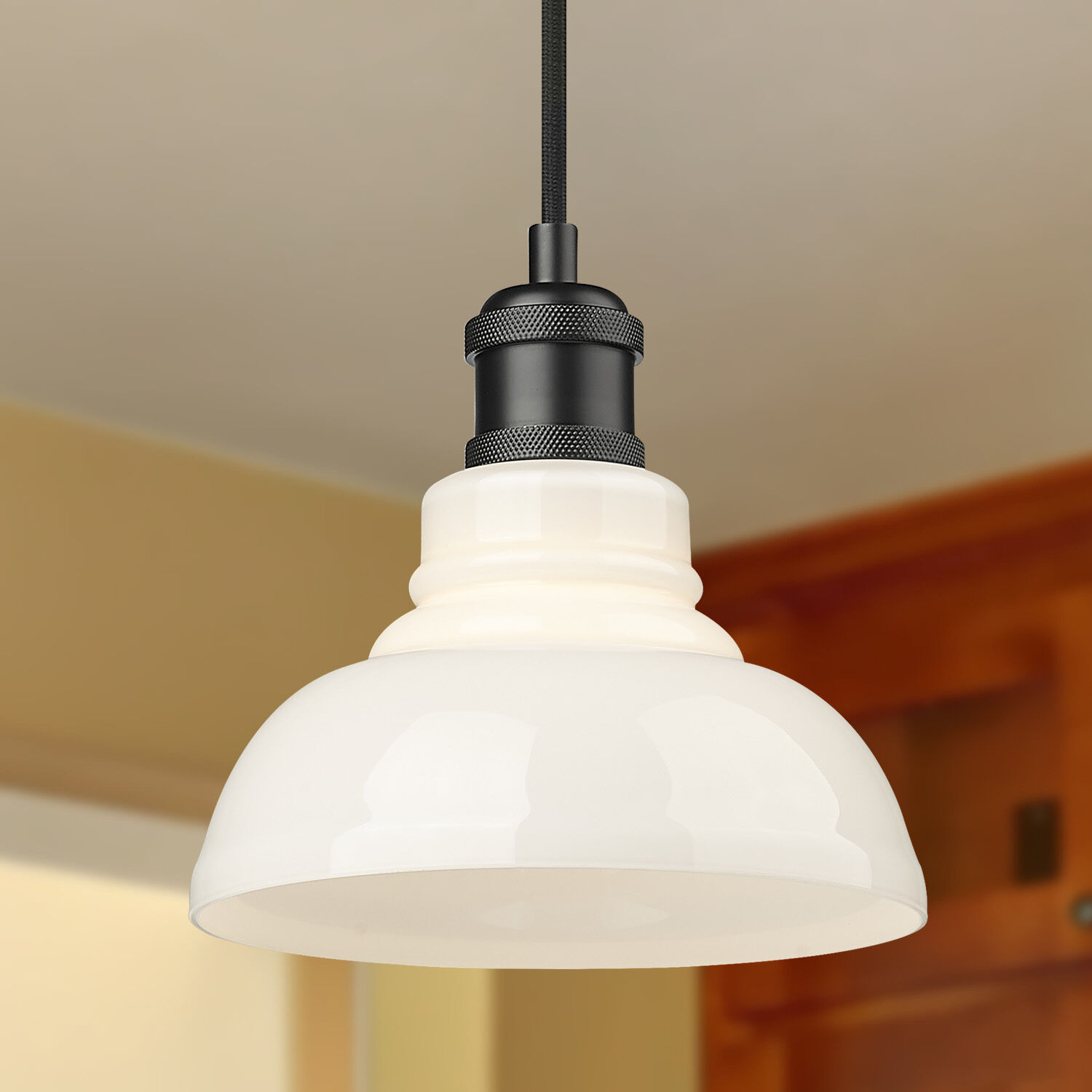 Yep Carver Pendant Ceiling Light in Matte Black, Vintage Milk Glass