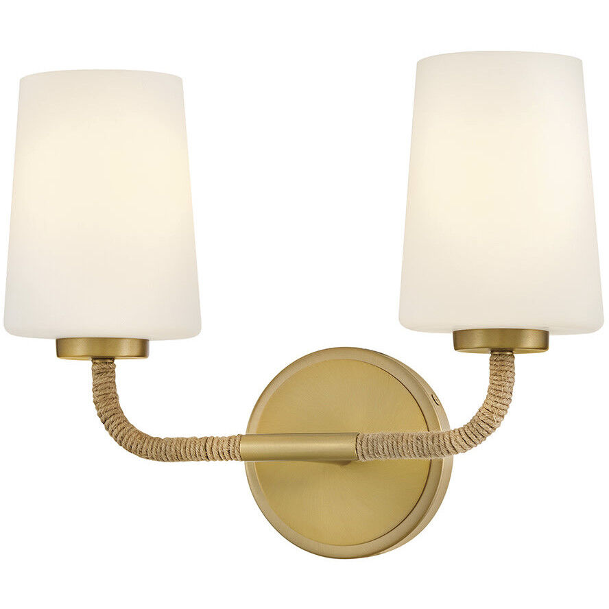 Kline 2 Light 14.25 inch Lacquered Brass with Natural Vanity Light Wall Light in Etched Opal, Small