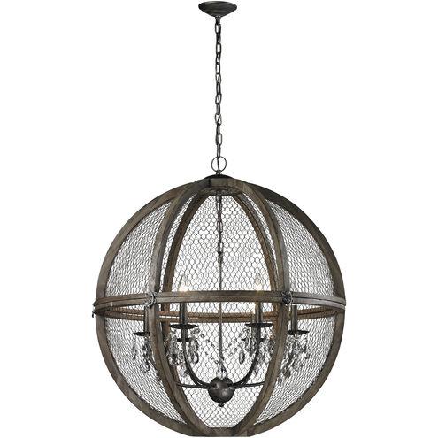 Renaissance Invention 6 Light 30 inch Aged Wood with Weathered Zinc and Clear Chandelier Ceiling Light