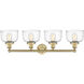 Bell 4 Light 33.5 inch Brushed Brass Bath Vanity Light Wall Light in Clear Deco Swirl Glass, Large