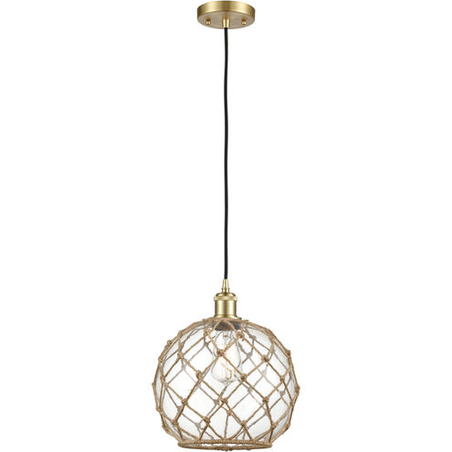 Ballston Farmhouse Rope 1 Light 10 inch Satin Gold Mini Pendant Ceiling Light in Bulb Not Included, Clear Glass with Brown Rope, Ballston