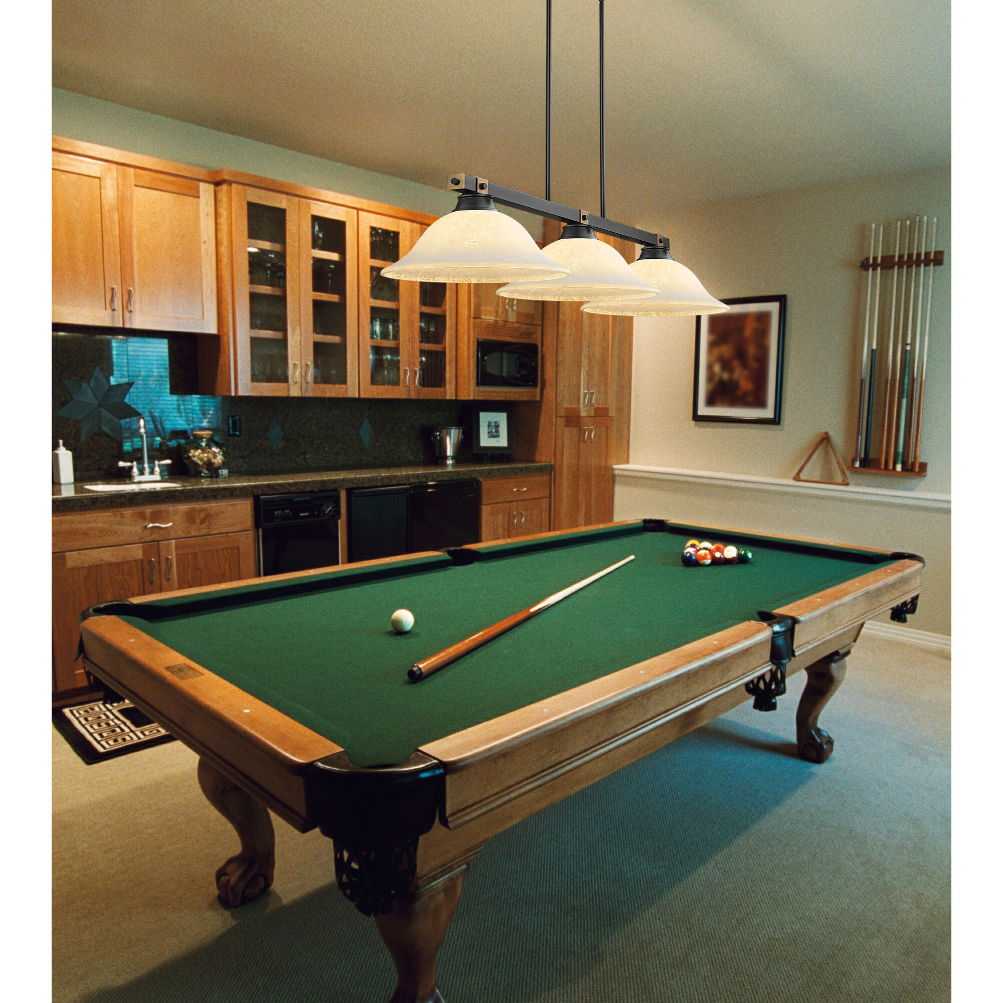 Bronte 3 Light 54.75 inch Matte Black and Rubbed Brass Billiard Light Ceiling Light in White Mottle Glass
