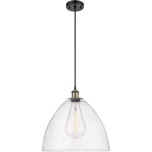 Ballston Dome LED 16 inch Black Antique Brass Pendant Ceiling Light in Seedy Glass, Black Textured