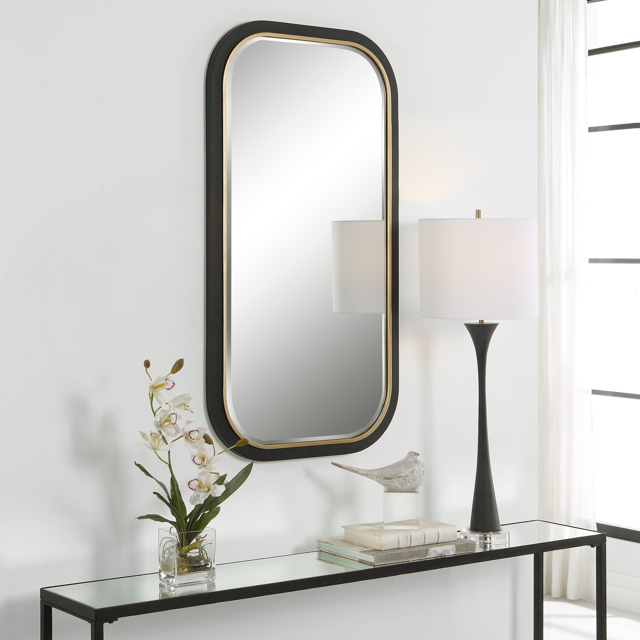 Nevaeh 43 X 23 inch Satin Black and Gold Leaf Mirror