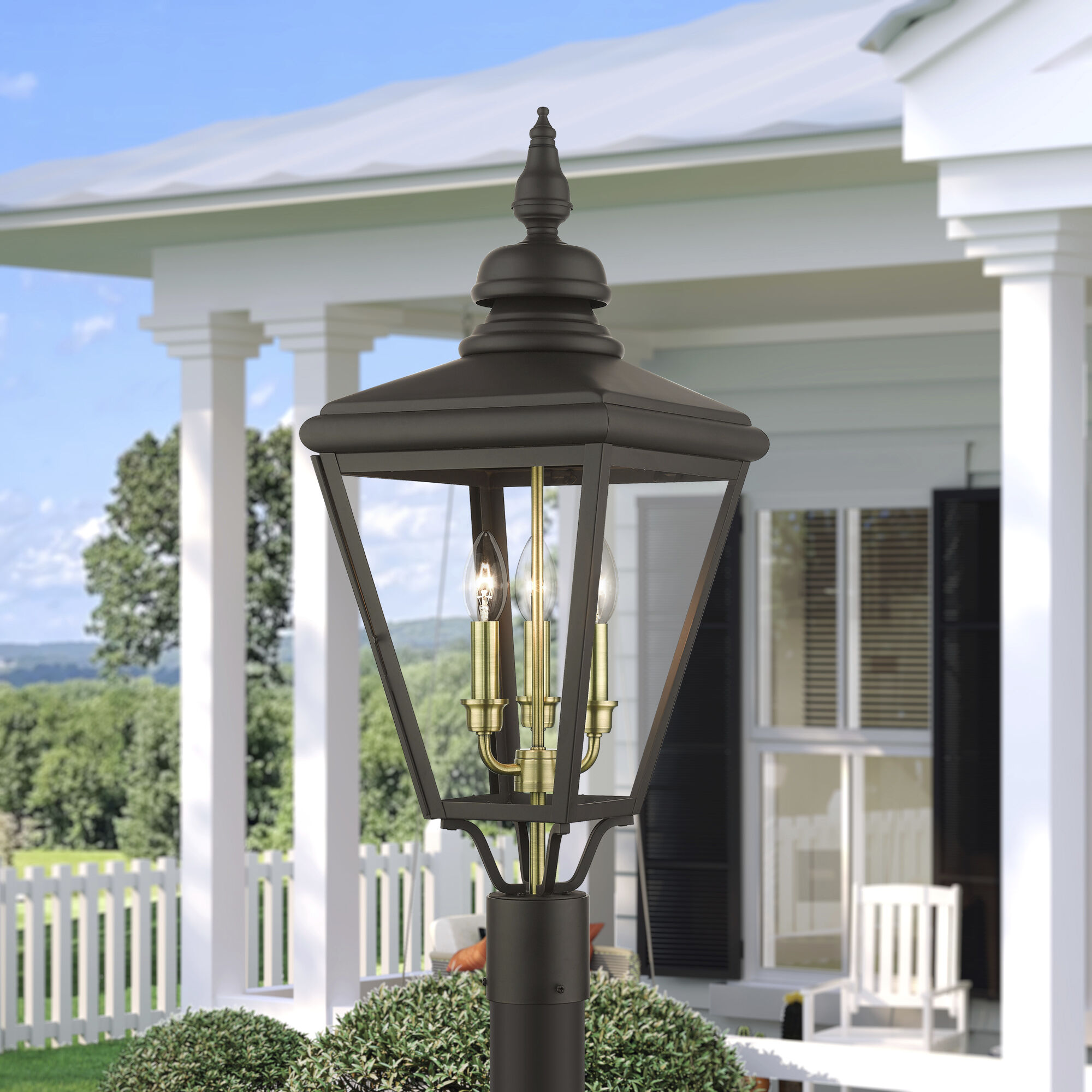 Adams 3 Light 26.75 inch Bronze with Antique Brass Finish Cluster Outdoor Large Post Top Lantern