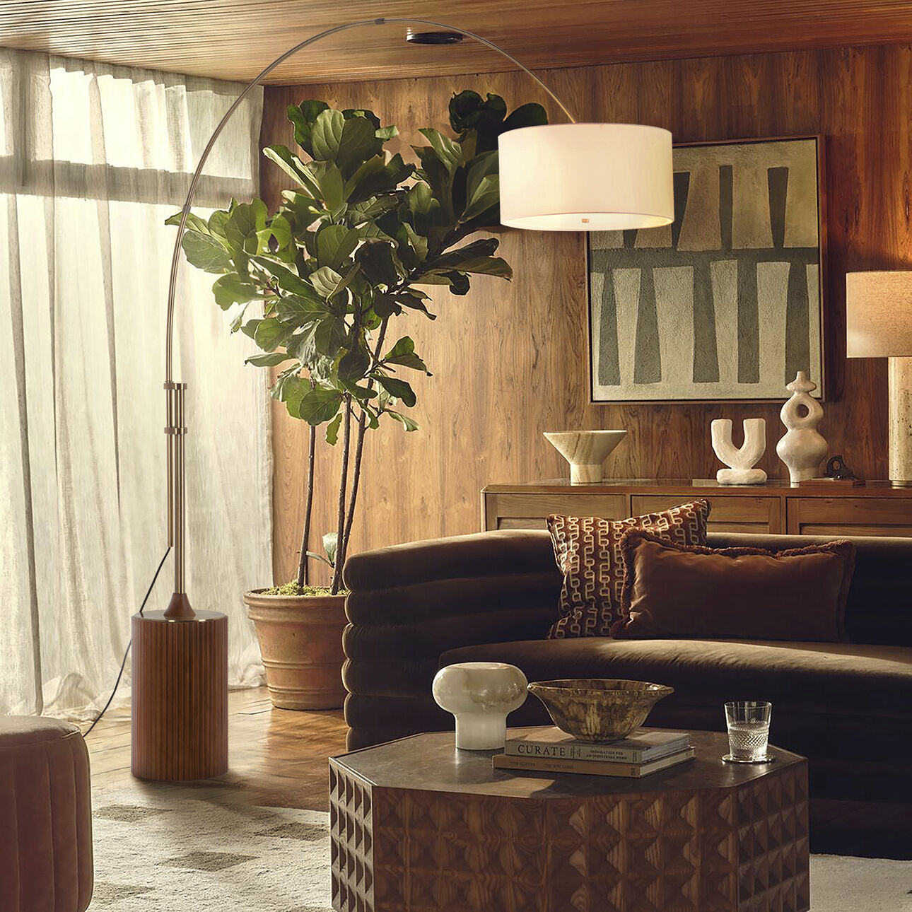 Tambo 86 inch 23.00 watt Dark Walnut and Weathered Brass Arc Floor Lamp Portable Light