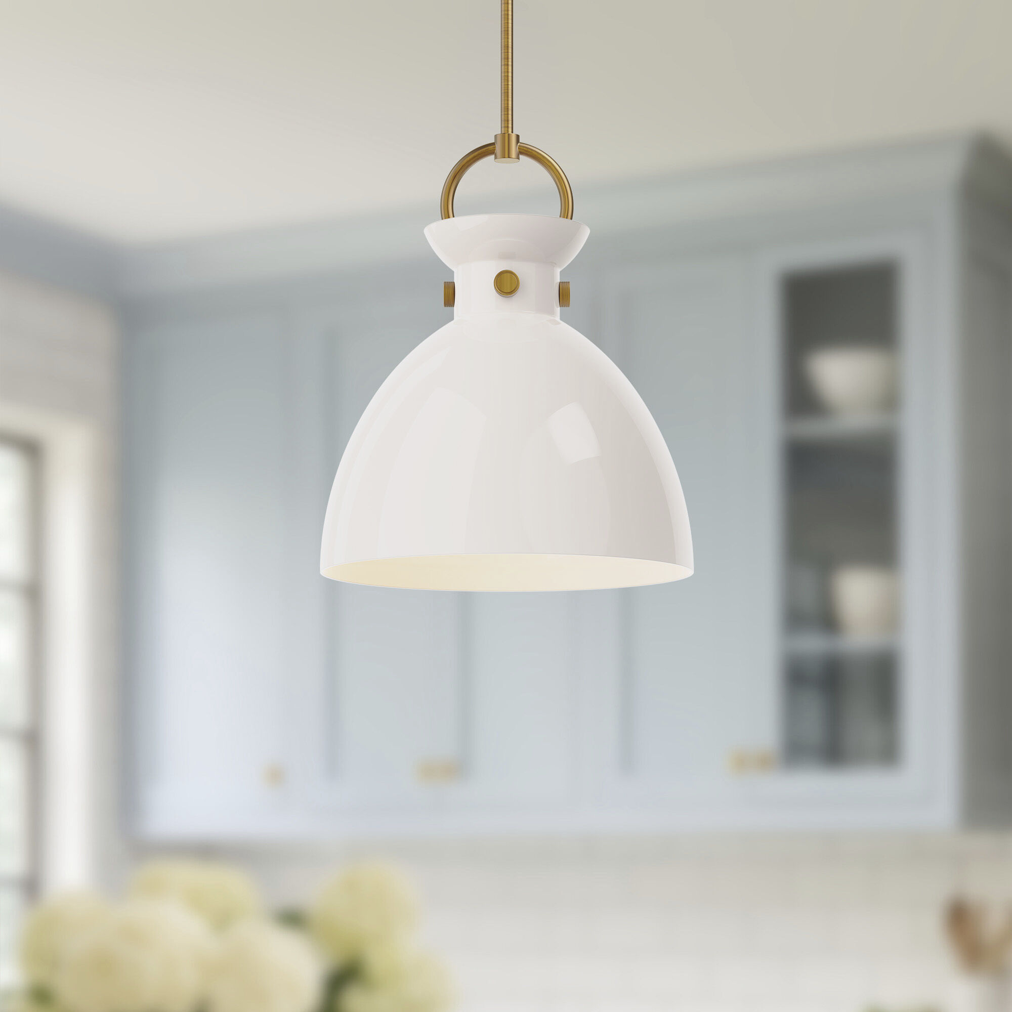 Alora Mood Waldo Pendant Ceiling Light in Aged Gold, Glossy Opal Glass