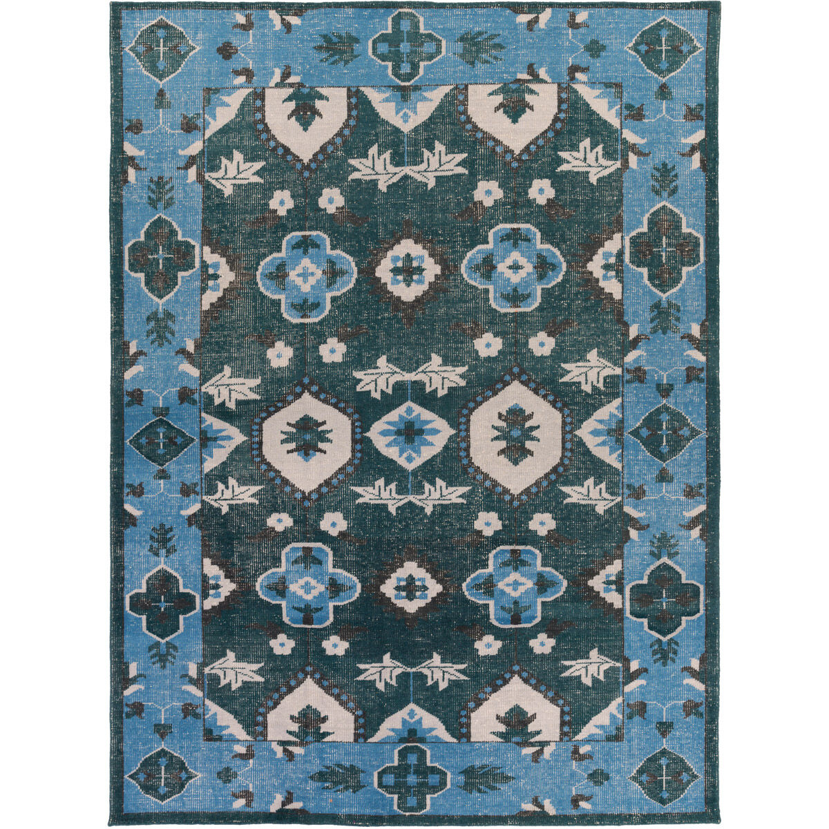 Pazar 36 X 24 inch Dark Green, Sky Blue, Light Gray, Black Rug