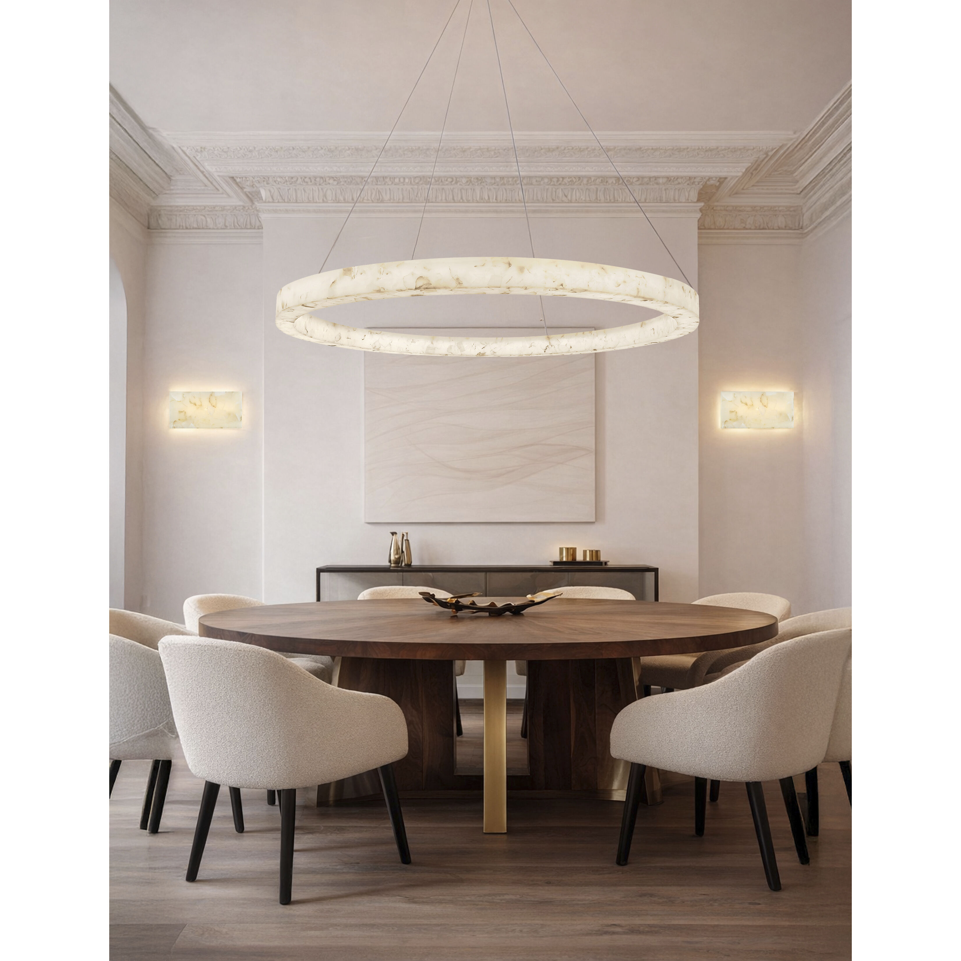 Alabaster Rocks Collection - Medley Family 62 inch Brushed Brass Pendant Ceiling Light in 62" D x 62" W x 3.5" H, EVOLV