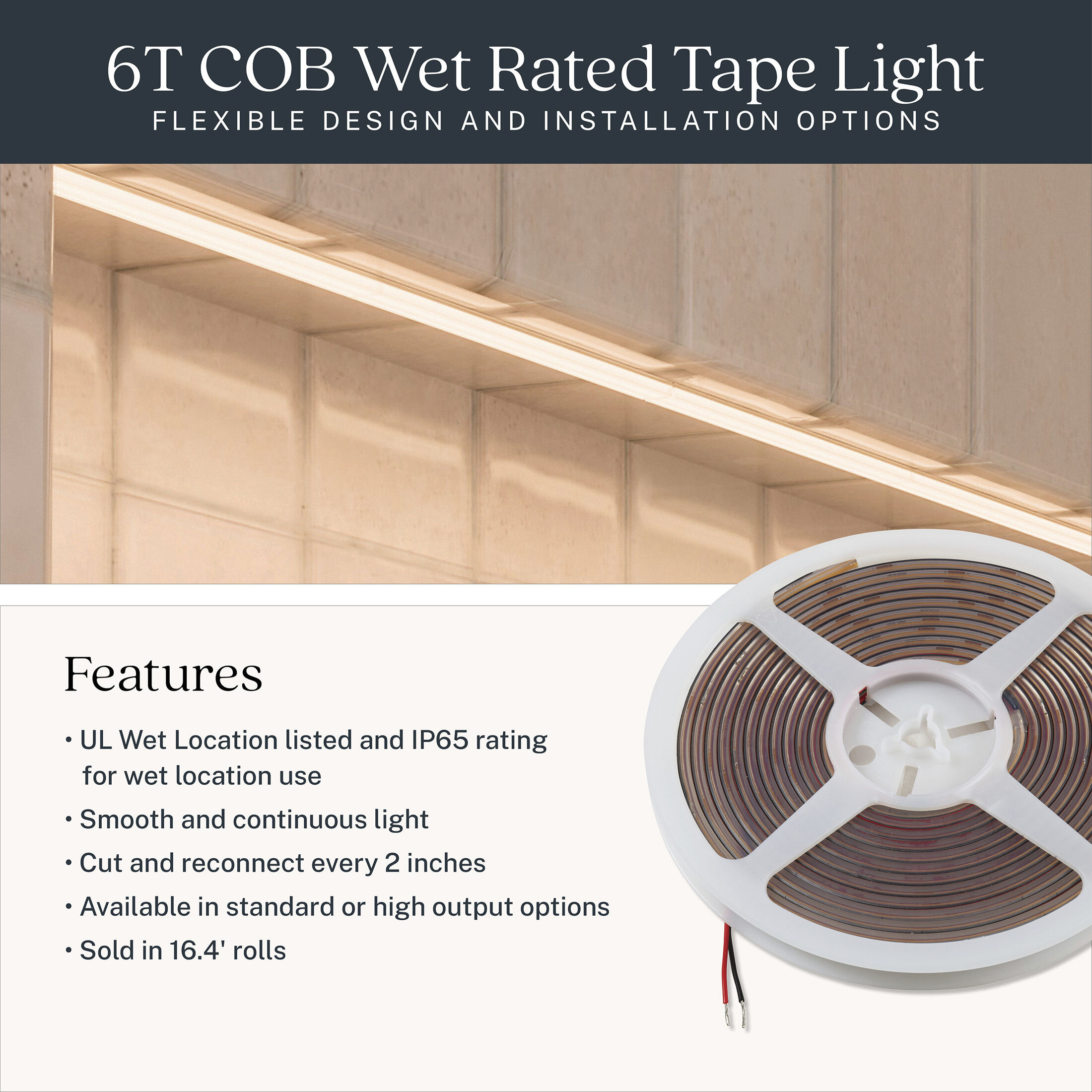 6T Series COB Wet White 3000K 192 inch Tape Light, High