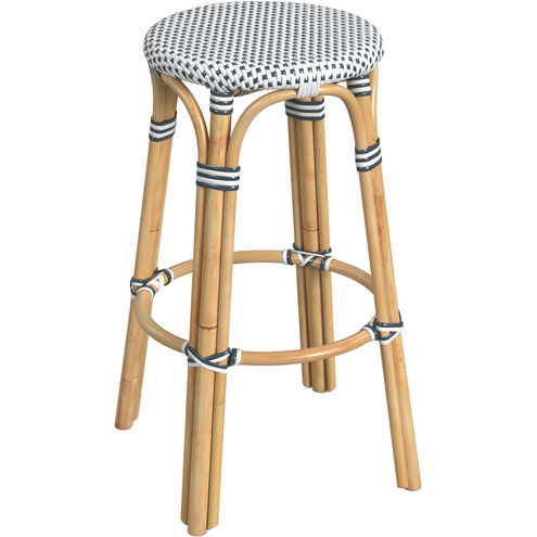 Tobias Round Rattan 30" Bar Stool in White and Navy Dot