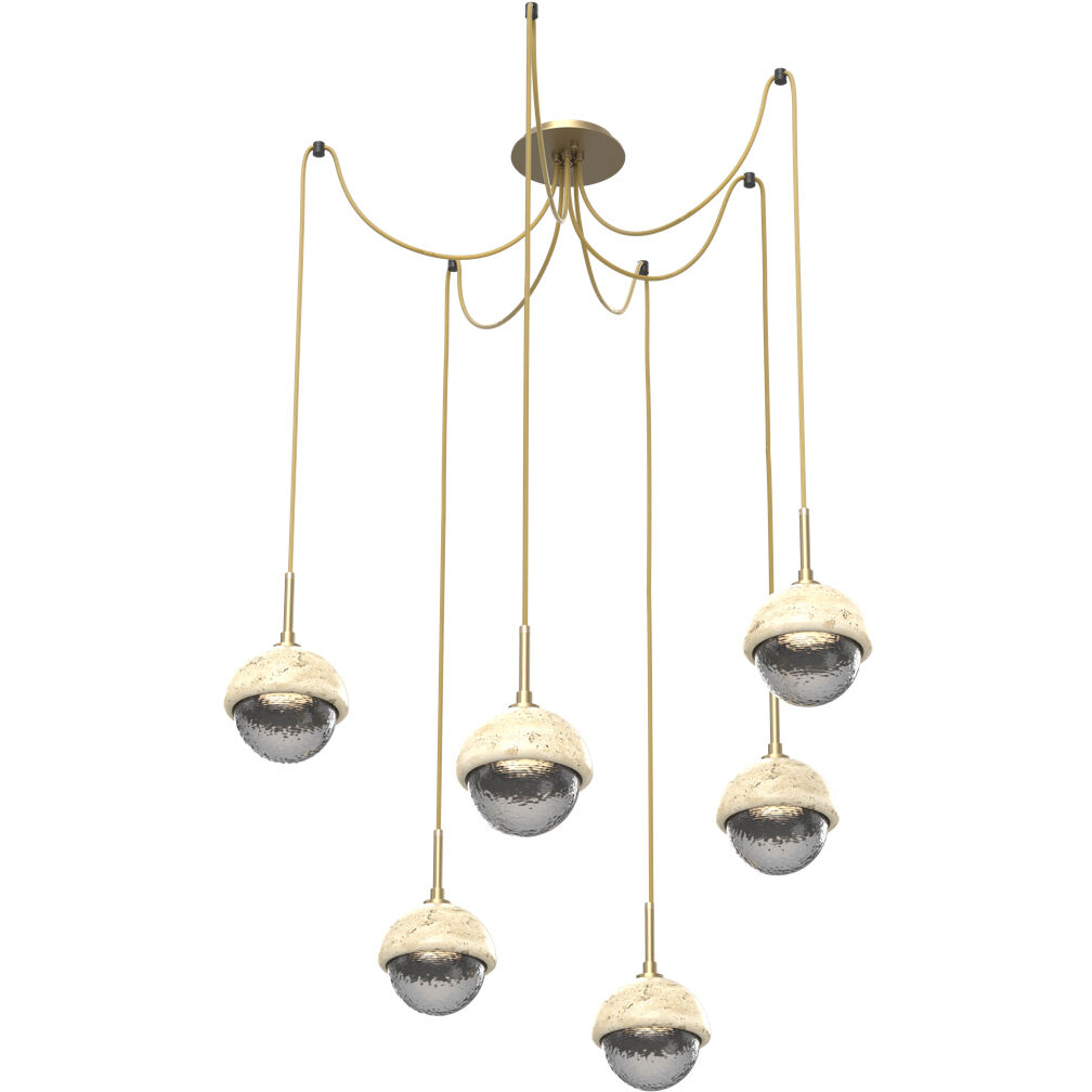 Cabochon LED 14.1 inch Gilded Brass with Travertine Stone Swag Multi-Pendant Ceiling Light in 3000K LED, Smoke