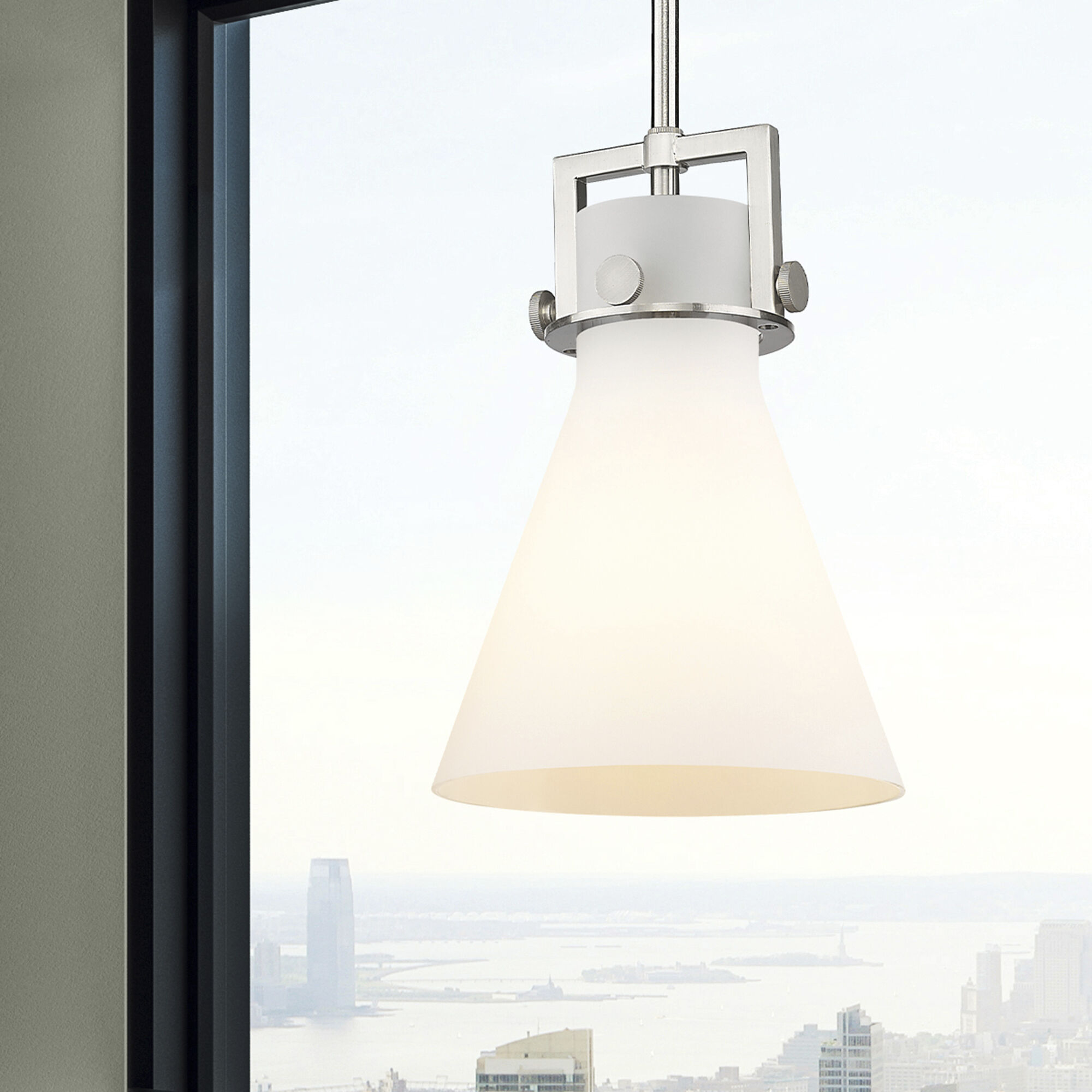 Newton Cone 1 Light 8 inch Satin Nickel Mini Pendant Ceiling Light in Matte White Glass