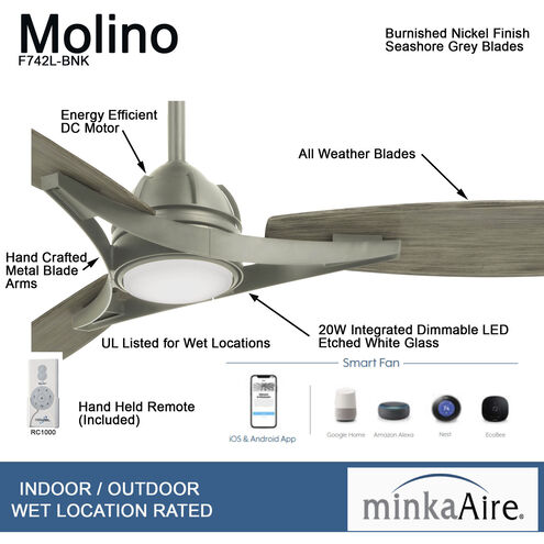 Molino 65 inch Burnished Nickel with Seashore Grey Blades Outdoor Ceiling Fan
