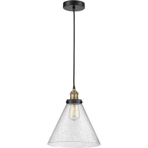 Cone 1 Light 12 inch Black Antique Brass Mini Pendant Ceiling Light in Seedy Glass
