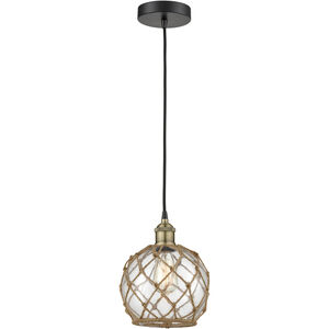 Edison 1 Light 8 inch Black Antique Brass Mini Pendant Ceiling Light in Clear Glass with Brown Rope