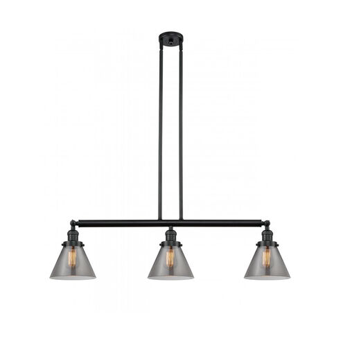 Franklin Restoration Large Cone 3 Light 40 inch Matte Black Island Light Ceiling Light in Plated Smoke Glass, Franklin Restoration