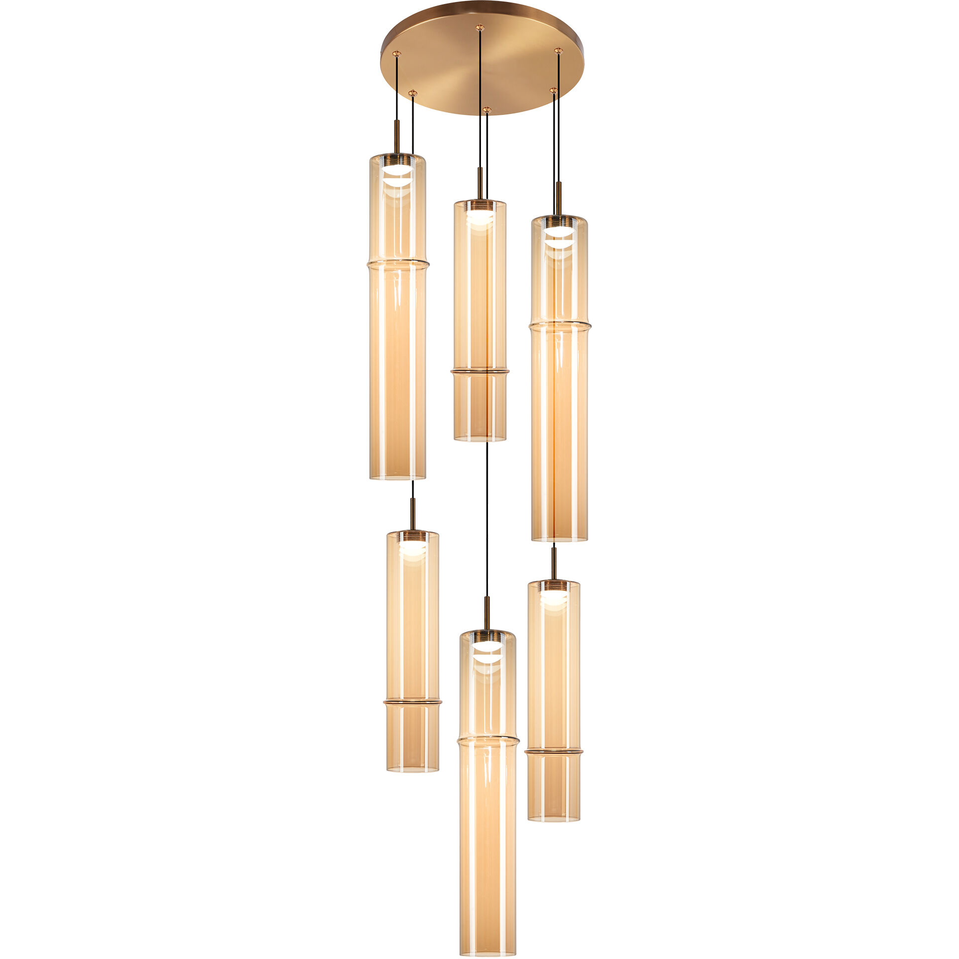 Bambu 6 Light 13.38 inch Aged Gold Brass and Amber Glass Pendant Ceiling Light