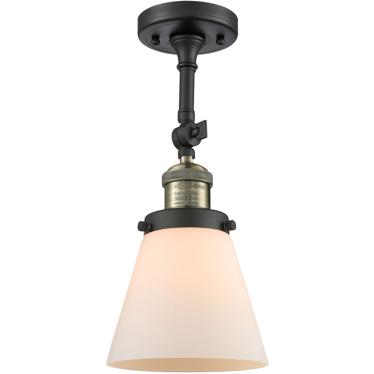 Franklin Restoration Small Cone LED 6 inch Black Antique Brass Semi-Flush Mount Ceiling Light in Matte White Glass, Franklin Restoration