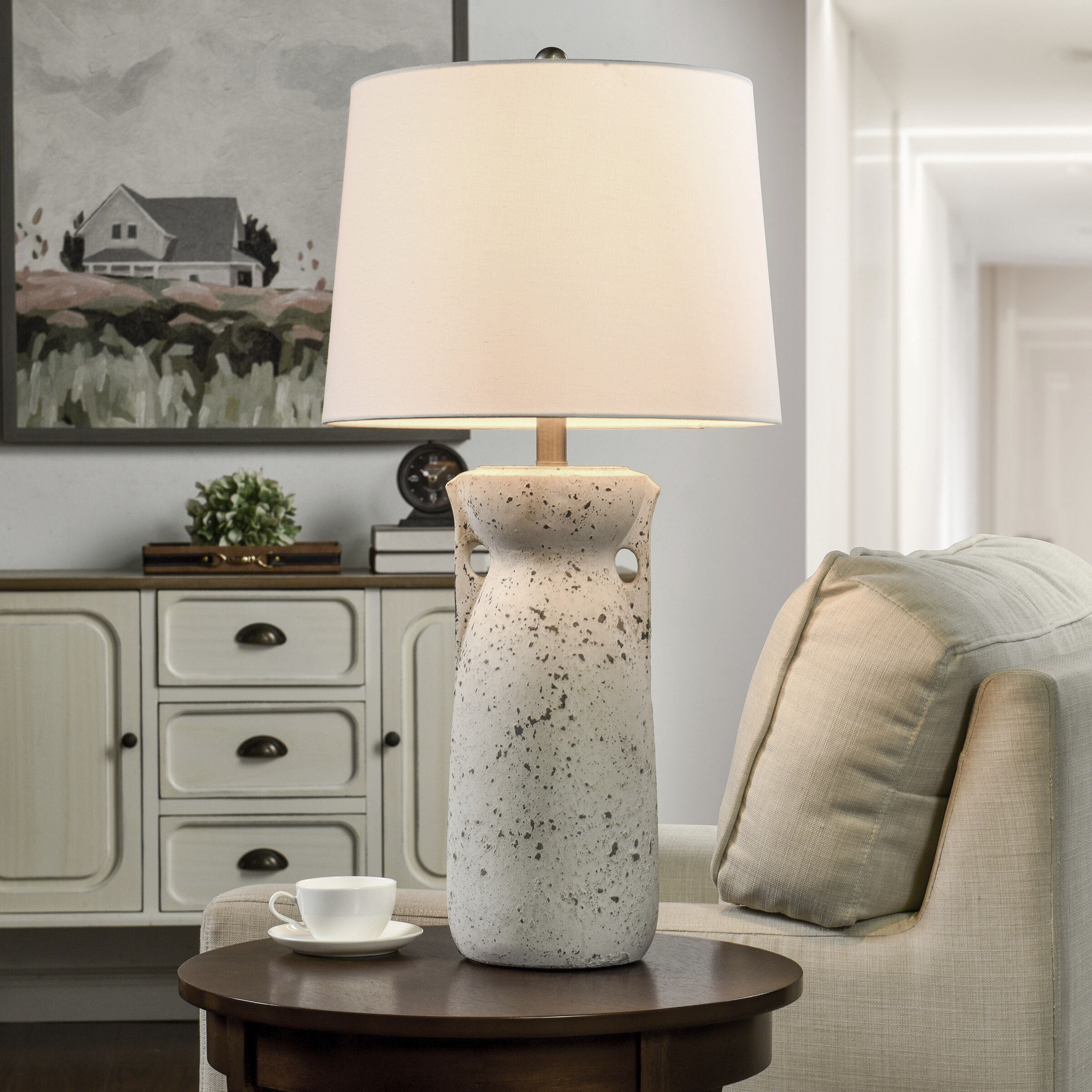 Speckled Cream Table Lamp Textured Finish On Cement Body Off White Shade