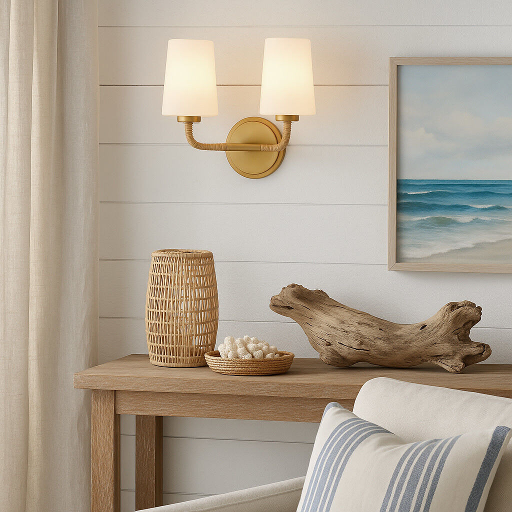 Kline 2 Light 14.25 inch Lacquered Brass with Natural Vanity Light Wall Light in Etched Opal, Small