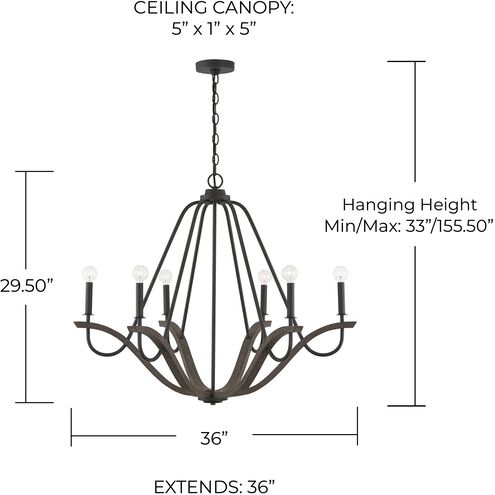 Clive 6 Light 36 inch Carbon Grey and Black Iron Chandelier Ceiling Light